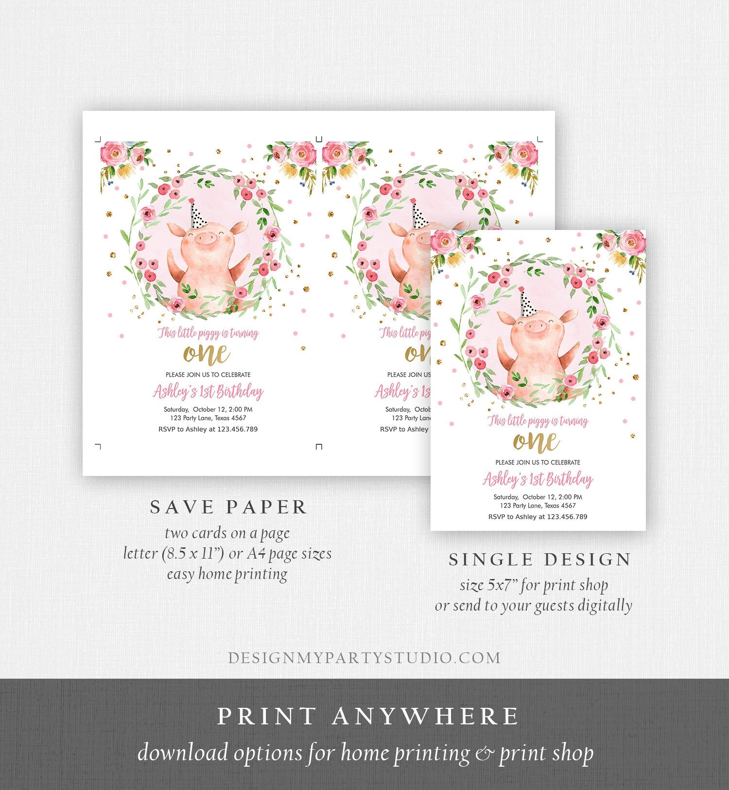 Editable Pig Birthday Invitation Girl Farm Animals Pink Floral Barnyard Party Download Printable Invitation Template Corjl Digital 0188