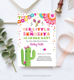 Editable Little Senorita Fiesta Baby Shower Invitation Cactus Mexican Succulent Señorita on the Way Pink Purple Download Corjl Template 0045