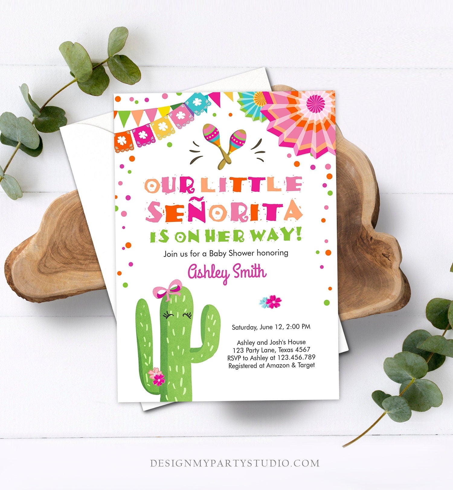 Editable Little Senorita Fiesta Baby Shower Invitation Cactus Mexican Succulent Señorita on the Way Pink Purple Download Corjl Template 0045