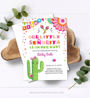 Editable Little Senorita Fiesta Baby Shower Invitation Cactus Mexican Succulent Señorita on the Way Pink Purple Download Corjl Template 0045