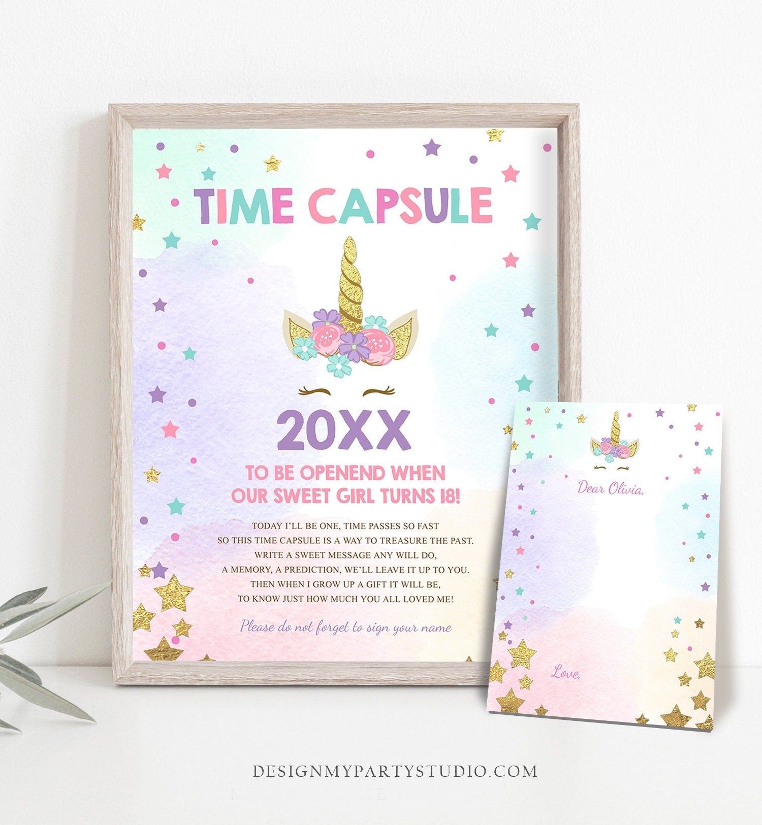 Editable Unicorn Time Capsule Birthday Rainbow Magical Celebration Pink Gold Instant Download Printable Corjl Template Digital Editable 0041