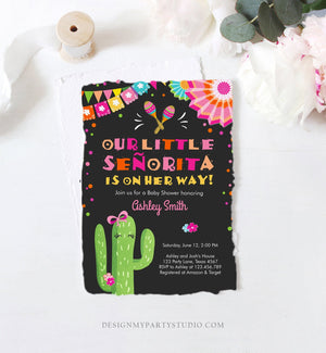 Editable Little Senorita Fiesta Baby Shower Invitation Cactus Mexican Succulent Señorita on the Way Pink Purple Download Corjl Template 0045