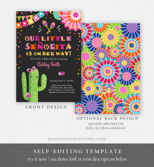 Editable Little Senorita Fiesta Baby Shower Invitation Cactus Mexican Succulent Señorita on the Way Pink Purple Download Corjl Template 0045