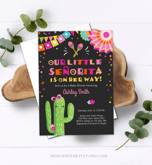 Editable Little Senorita Fiesta Baby Shower Invitation Cactus Mexican Succulent Señorita on the Way Pink Purple Download Corjl Template 0045