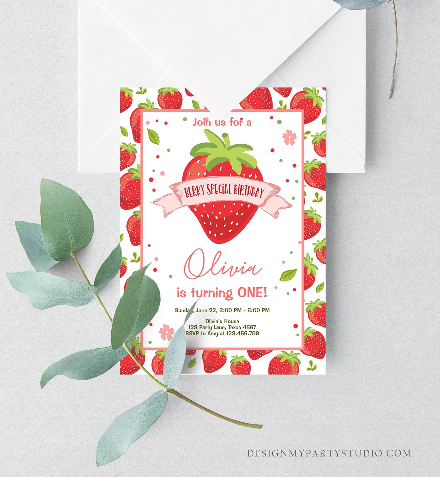 Editable Strawberry Birthday Invitation First Birthday Berry Special Girl Farmers Market Download Printable Invite Template Corjl 0091