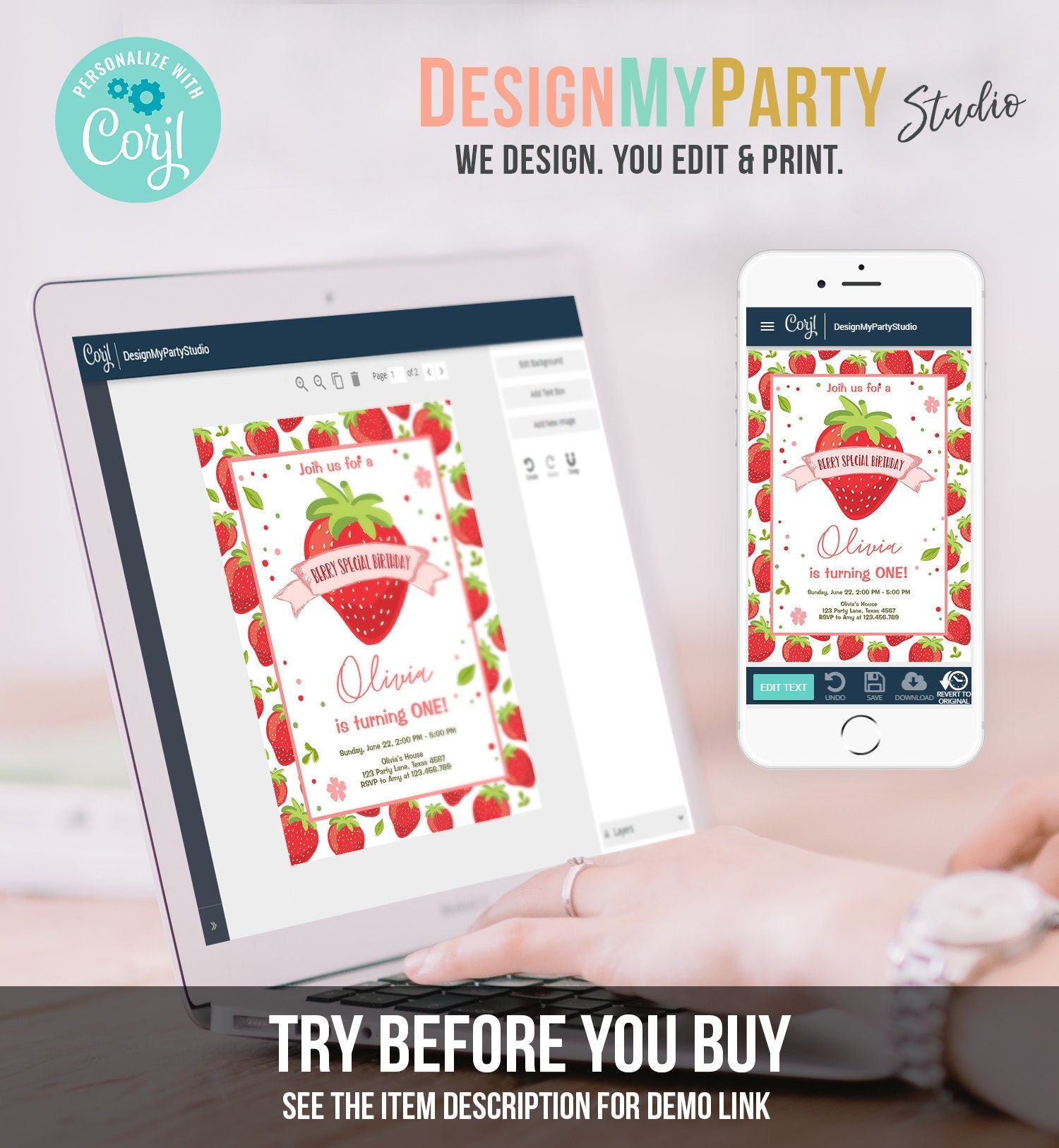 Editable Strawberry Birthday Invitation First Birthday Berry Special Girl Farmers Market Download Printable Invite Template Corjl 0091