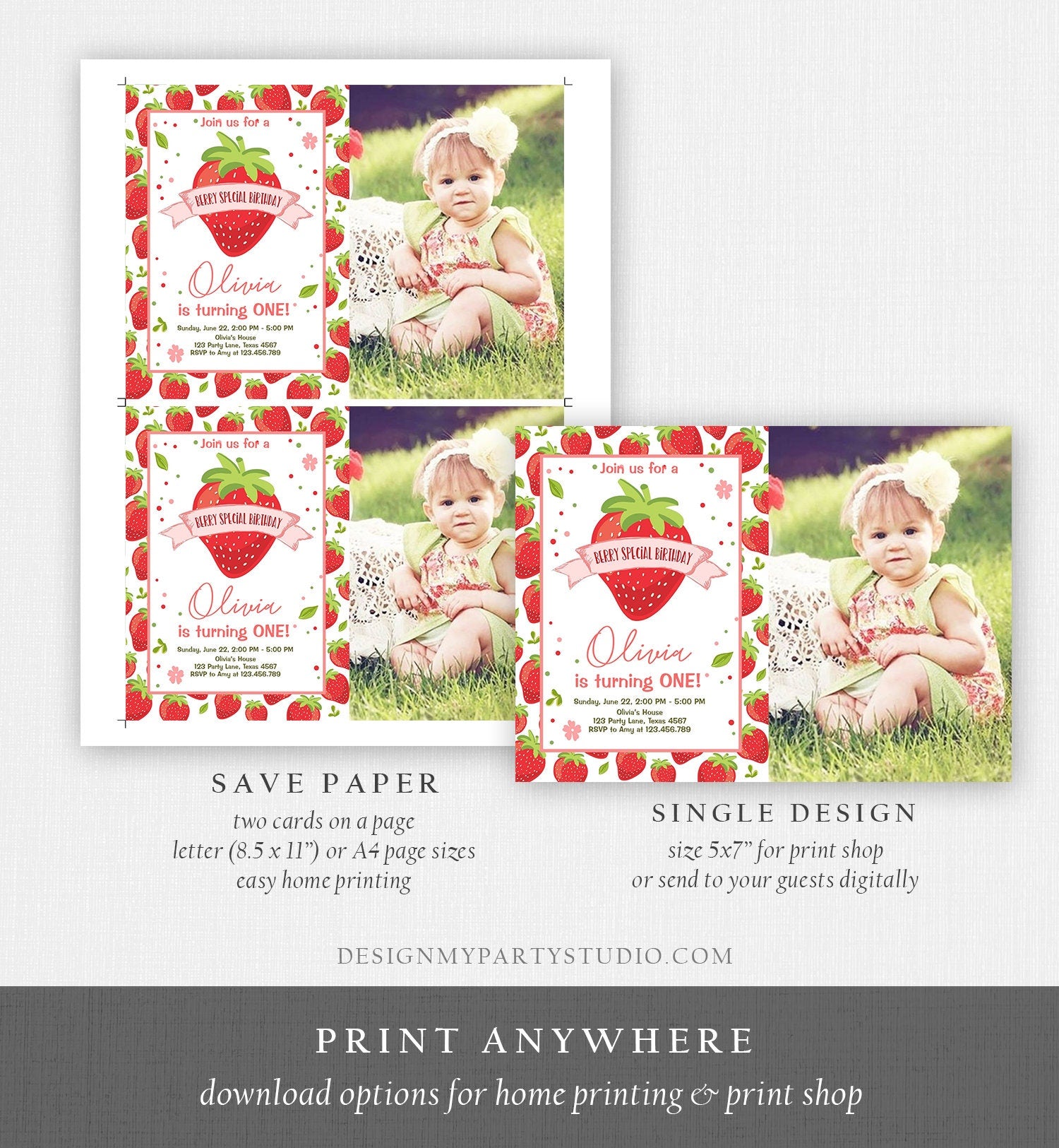 Editable Strawberry Birthday Invitation First Birthday Berry Special Girl Farmers Market Download Printable Invite Template Corjl 0091