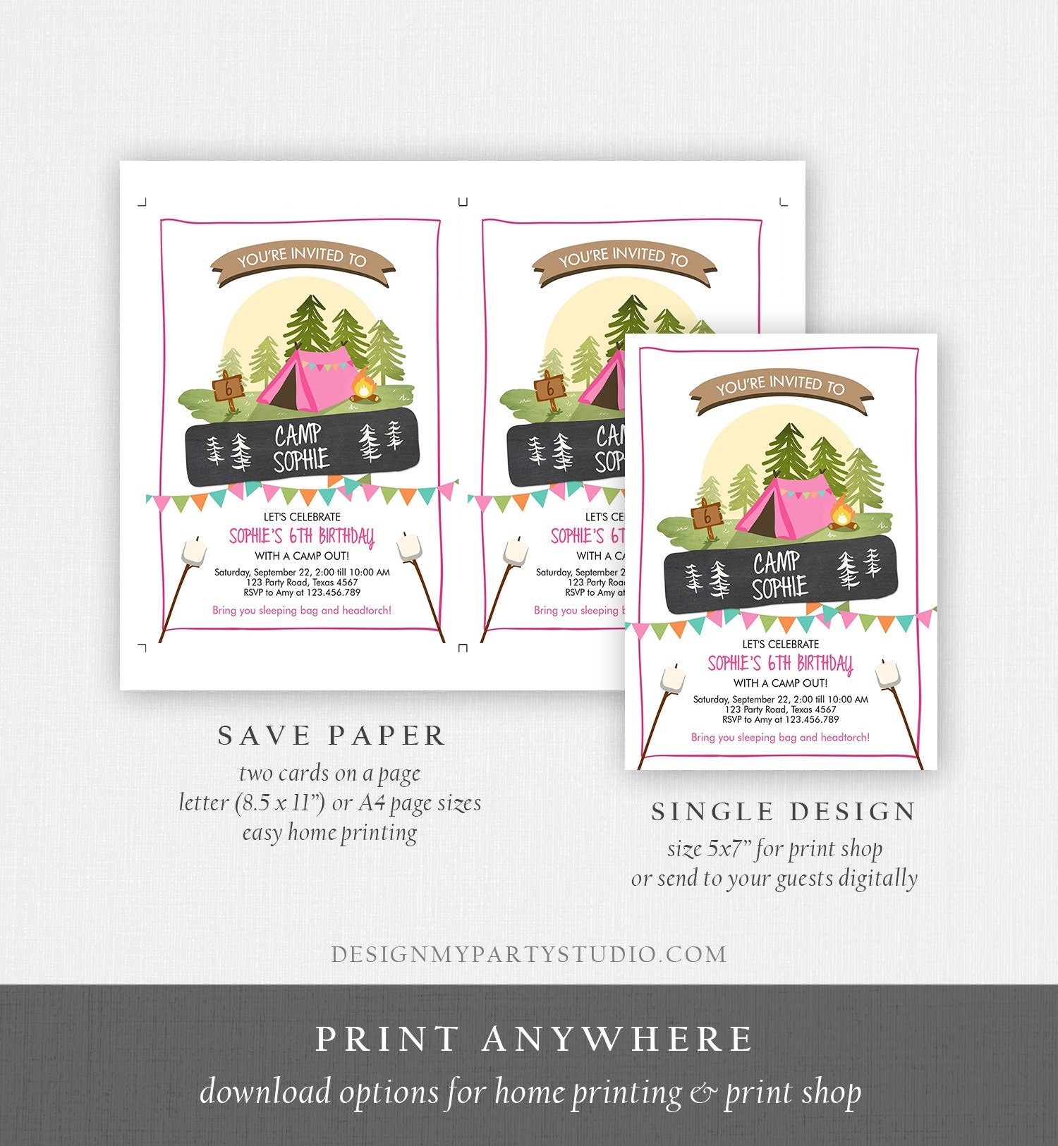 Editable Glamping Party Invitation Camp Out Birthday Invite Bonfire Outdoor Camping Tent Girl Pink Download Printable Template Corjl 0302