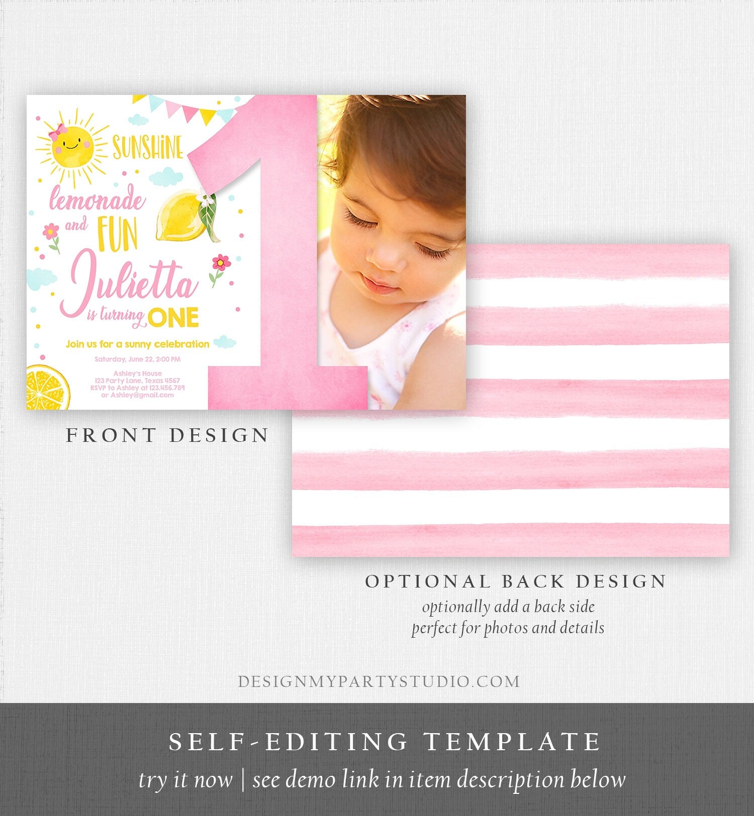 Editable Sunshine Lemonade Birthday Invitation Pink Girl Sunshine Party Lemonade Invitation 1st Birthday Printable Template Corjl 0141