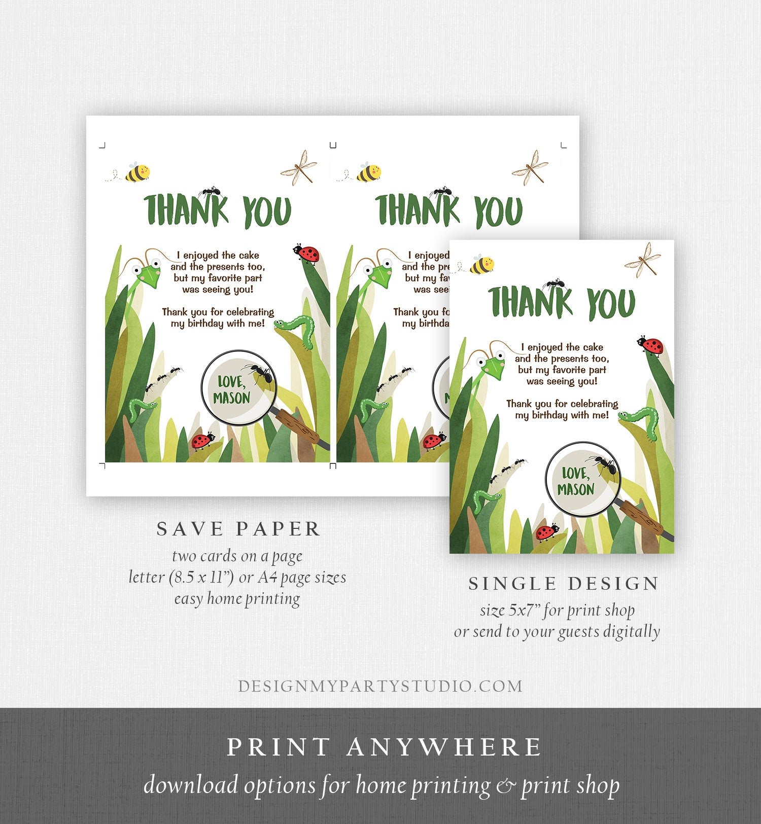 Editable Thank You Card Bug Thank you Note Bug Birthday Insect Party Boy Birthday Thank you Download Printable Template Corjl Digital 0090