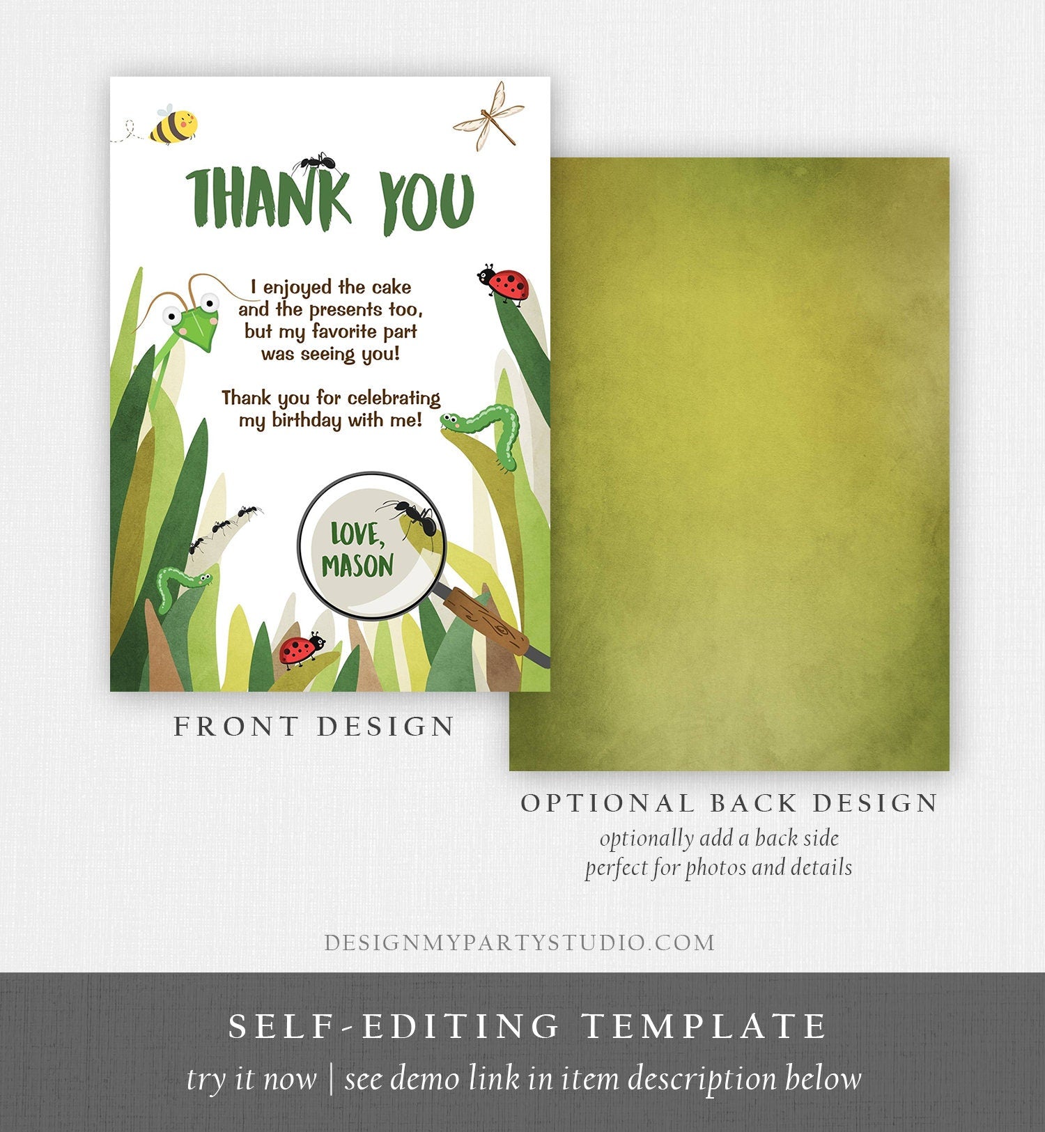 Editable Thank You Card Bug Thank you Note Bug Birthday Insect Party Boy Birthday Thank you Download Printable Template Corjl Digital 0090