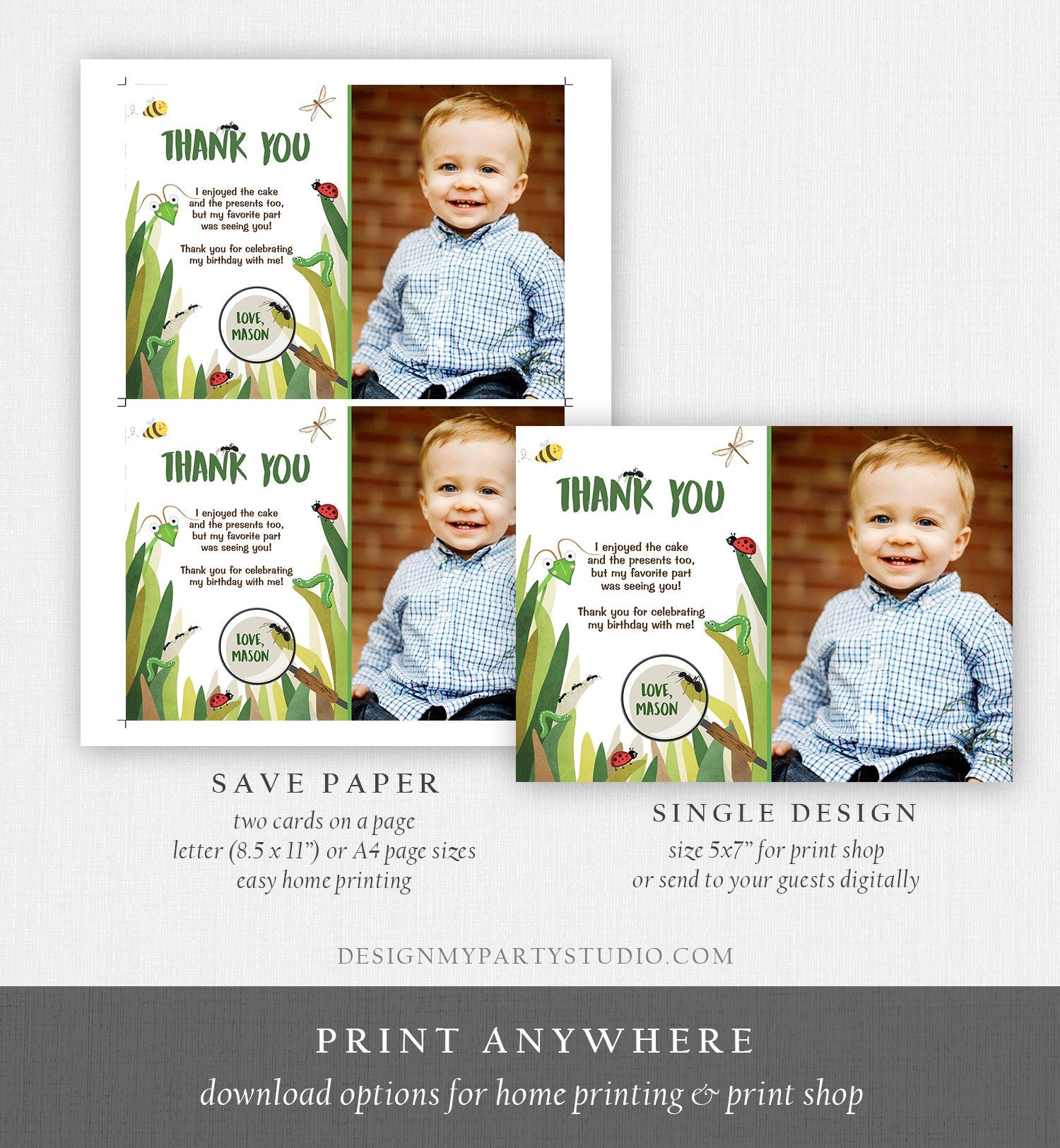 Editable Thank You Card Bug Thank you Note Bug Birthday Insect Party Boy Birthday Thank you Download Printable Template Corjl Digital 0090