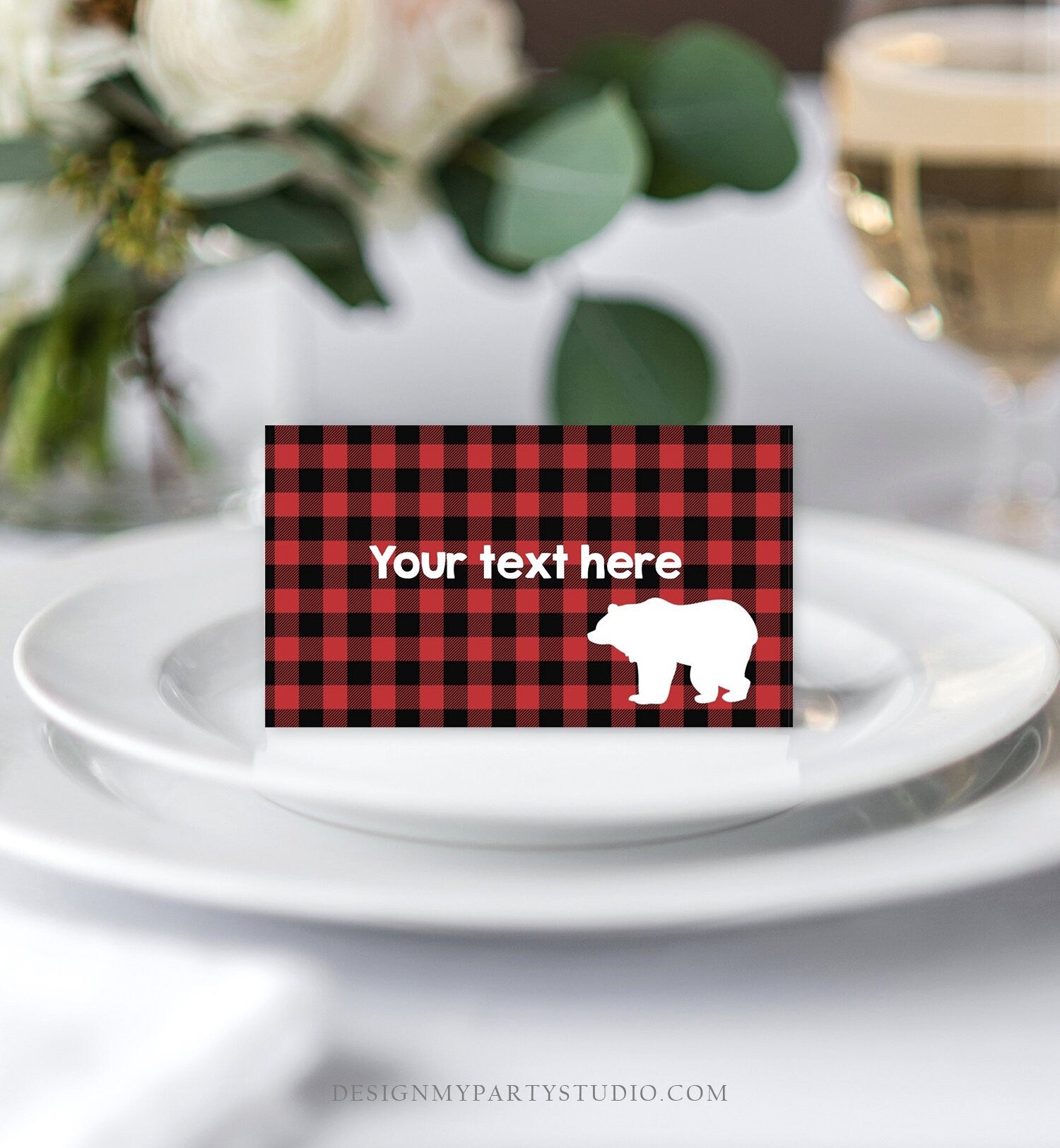 Editable Food Labels Lumberjack Birthday Wild One Buffalo Plaid Place Card Tent Escort Card Bear Woodland Rustic Template Printable 0026