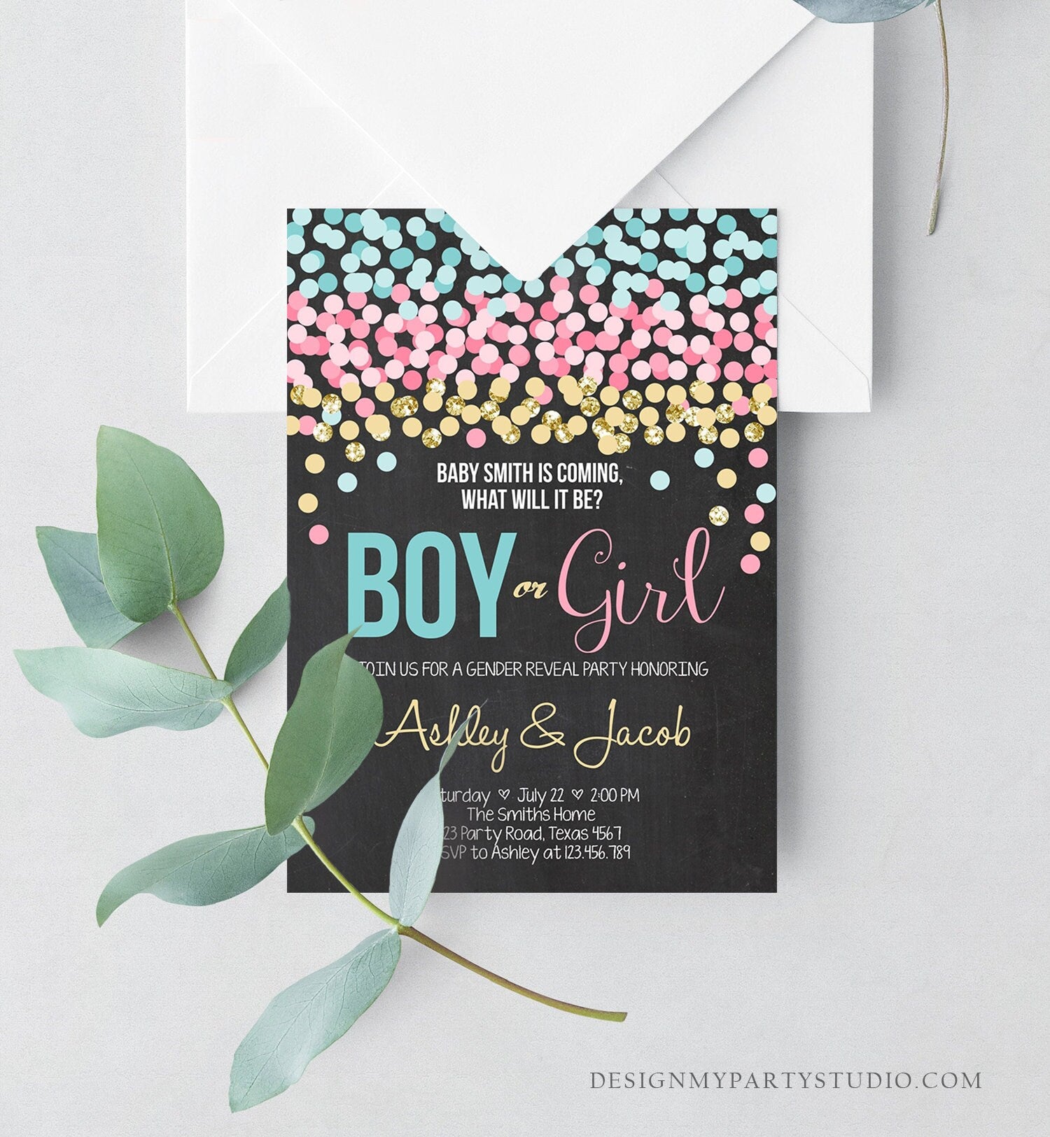 Editable Gender Reveal Invitation Confetti Blue or Pink Gold Boy or Girl He or She Rustic Instant Download Printable Template Corjl 0133