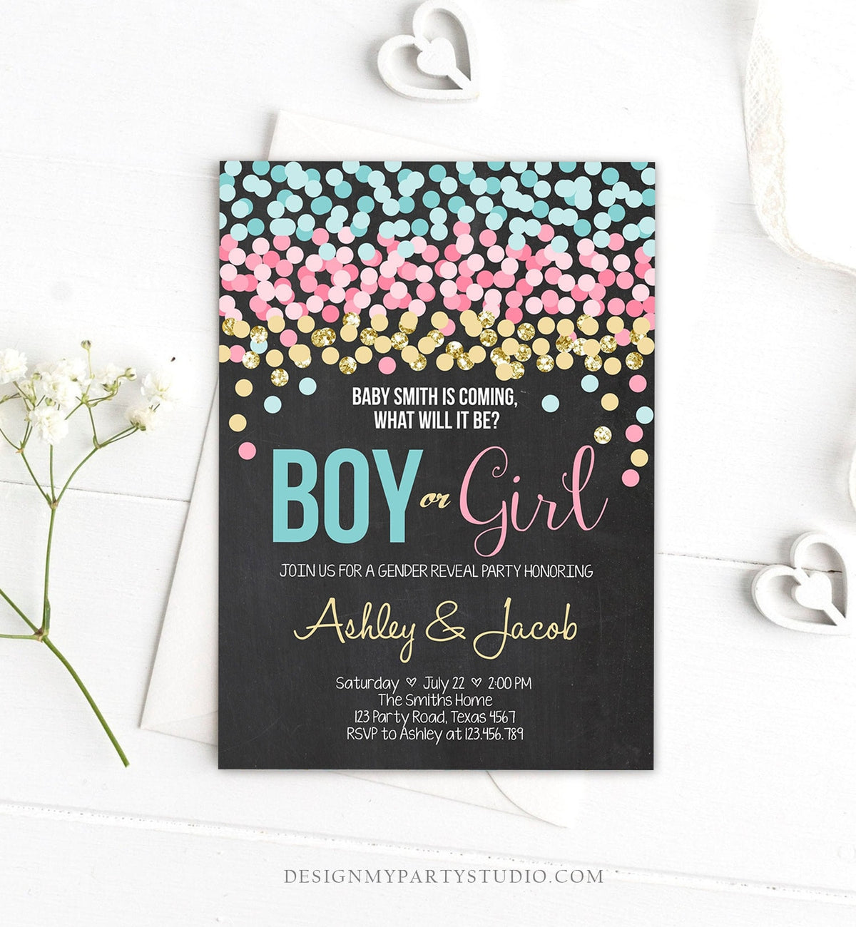 Editable Gender Reveal Invitation Confetti Blue or Pink Gold Boy or Girl He or She Rustic Instant Download Printable Template Corjl 0133