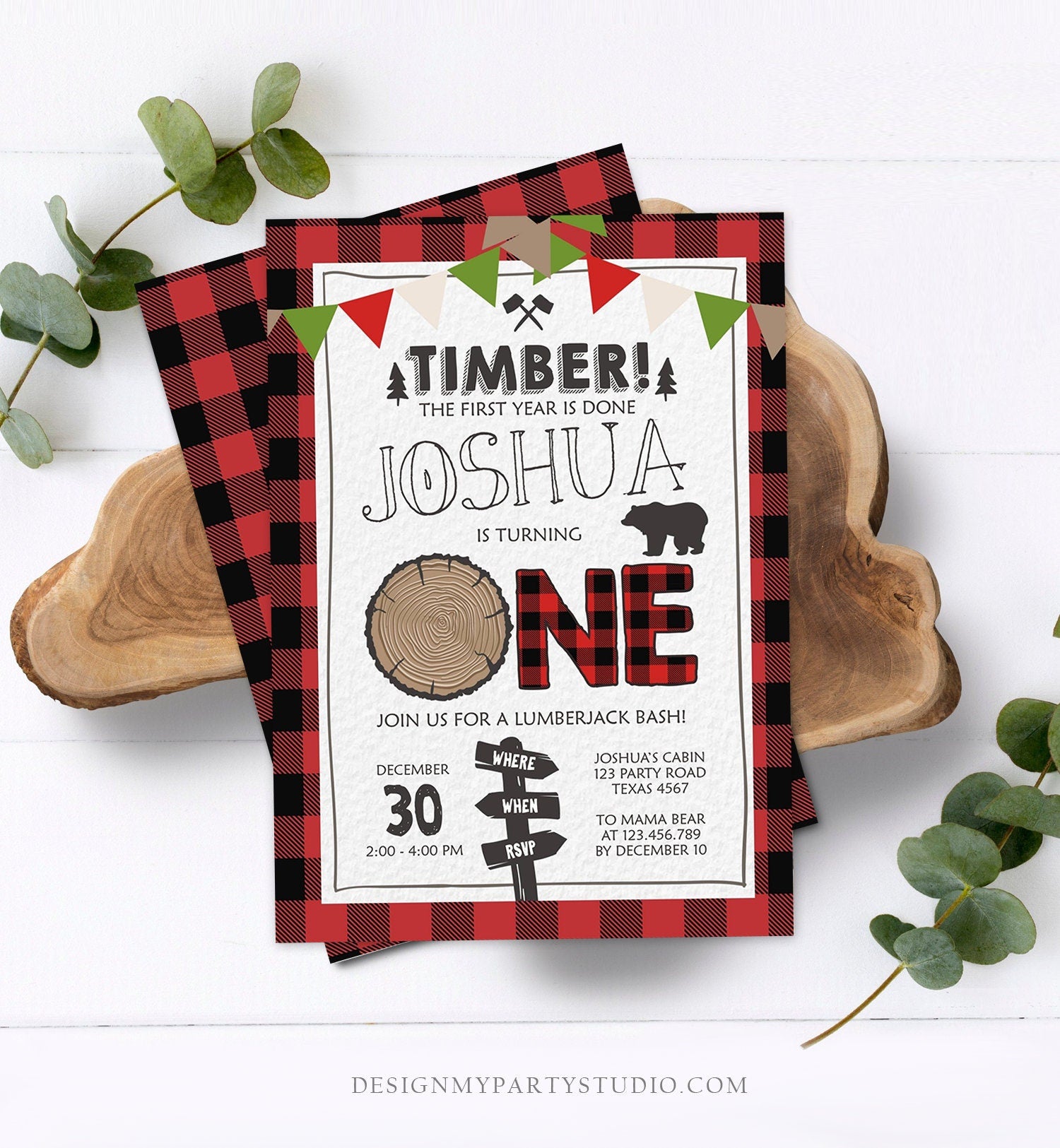 Editable Lumberjack First Birthday Invitation One Lumberjack 1st Birthday Buffalo Plaid Outdoor Bear Boy Printable Corjl Template 0377