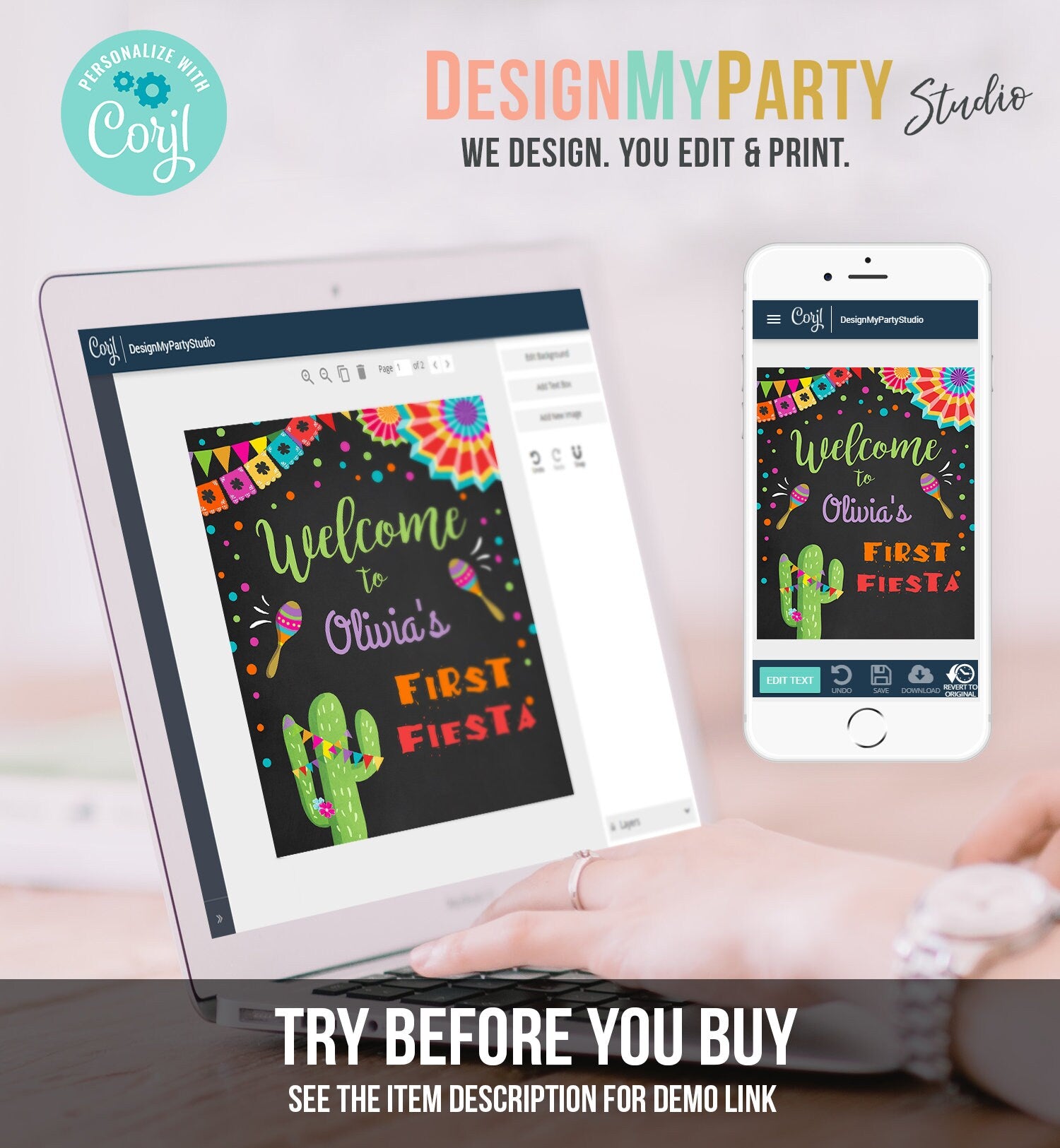 Editable Fiesta Welcome Sign First Birthday Welcome Cactus Mexican 1st Birthday First Fiesta Sign Boy Girl Corjl Template Printable 0045