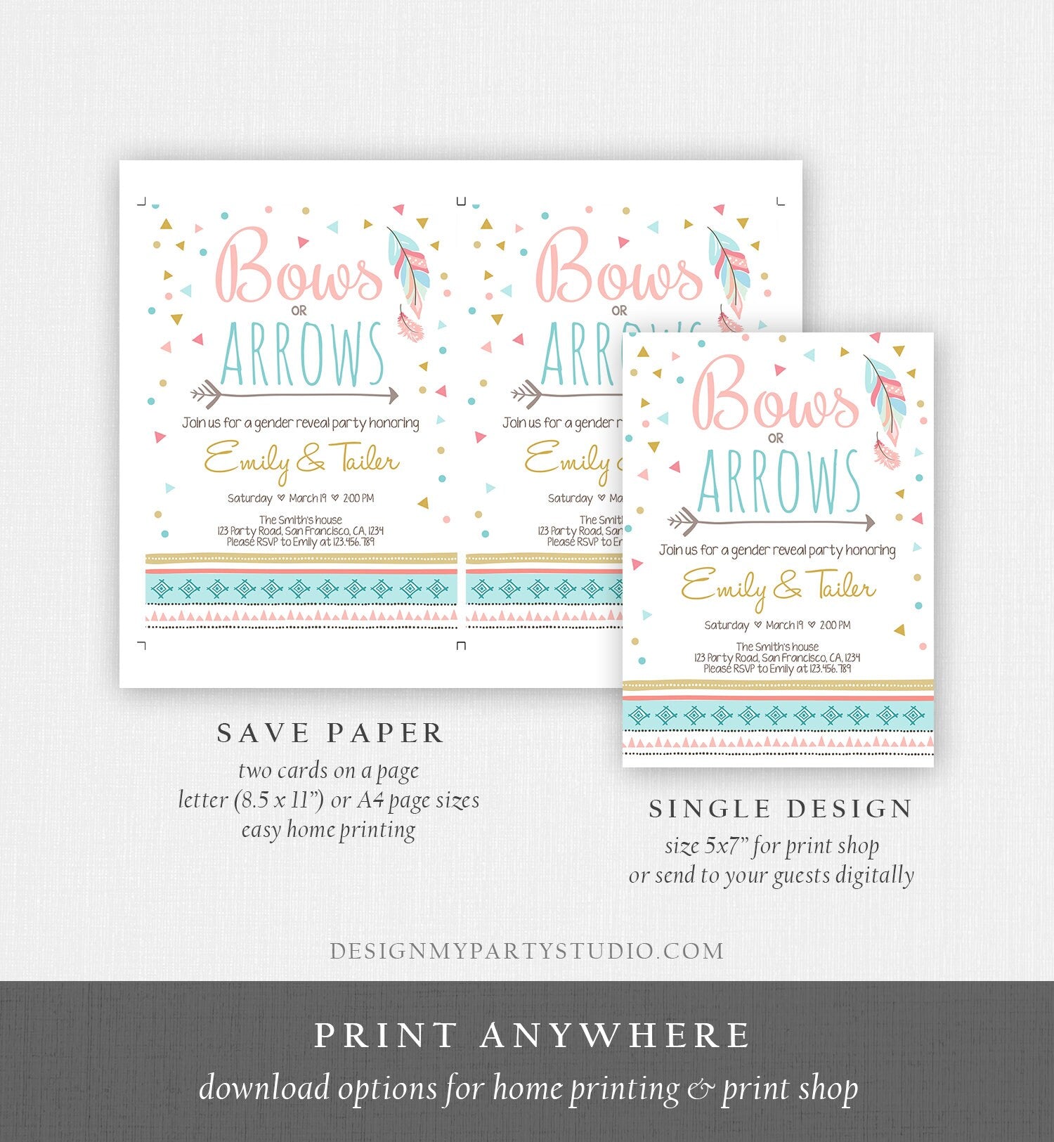 Editable Gender Reveal Invitation Bows or Arrows Tribal Boy or Girl He or She Blue or Pink Invitation Template Instant Download Corjl 0284