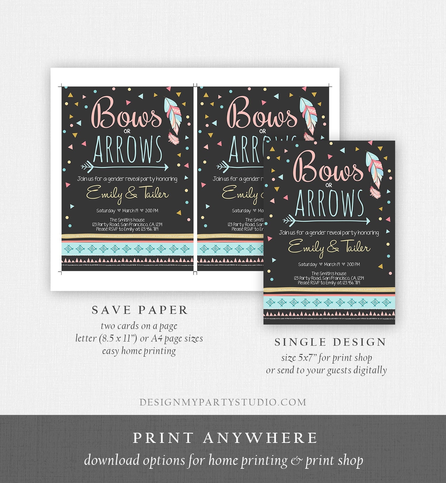 Editable Gender Reveal Invitation Bows or Arrows Tribal Boy or Girl He or She Blue or Pink Invitation Template Instant Download Corjl 0284