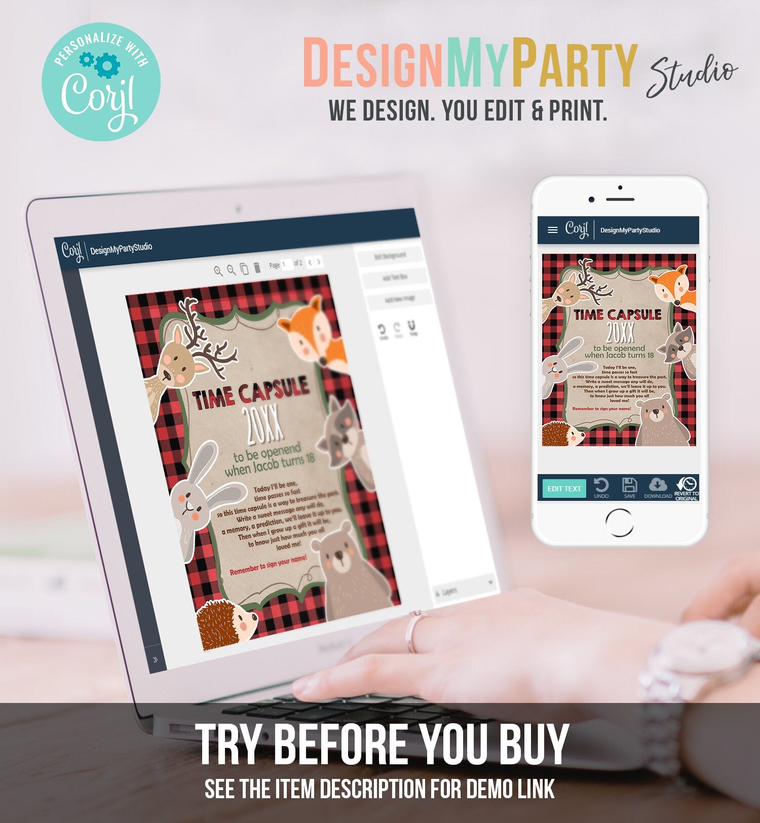 Editable Lumberjack Time Capsule First Birthday Party Game Bear Buffalo Plaid Guestbook Digital Download Corjl Template Printable 0303