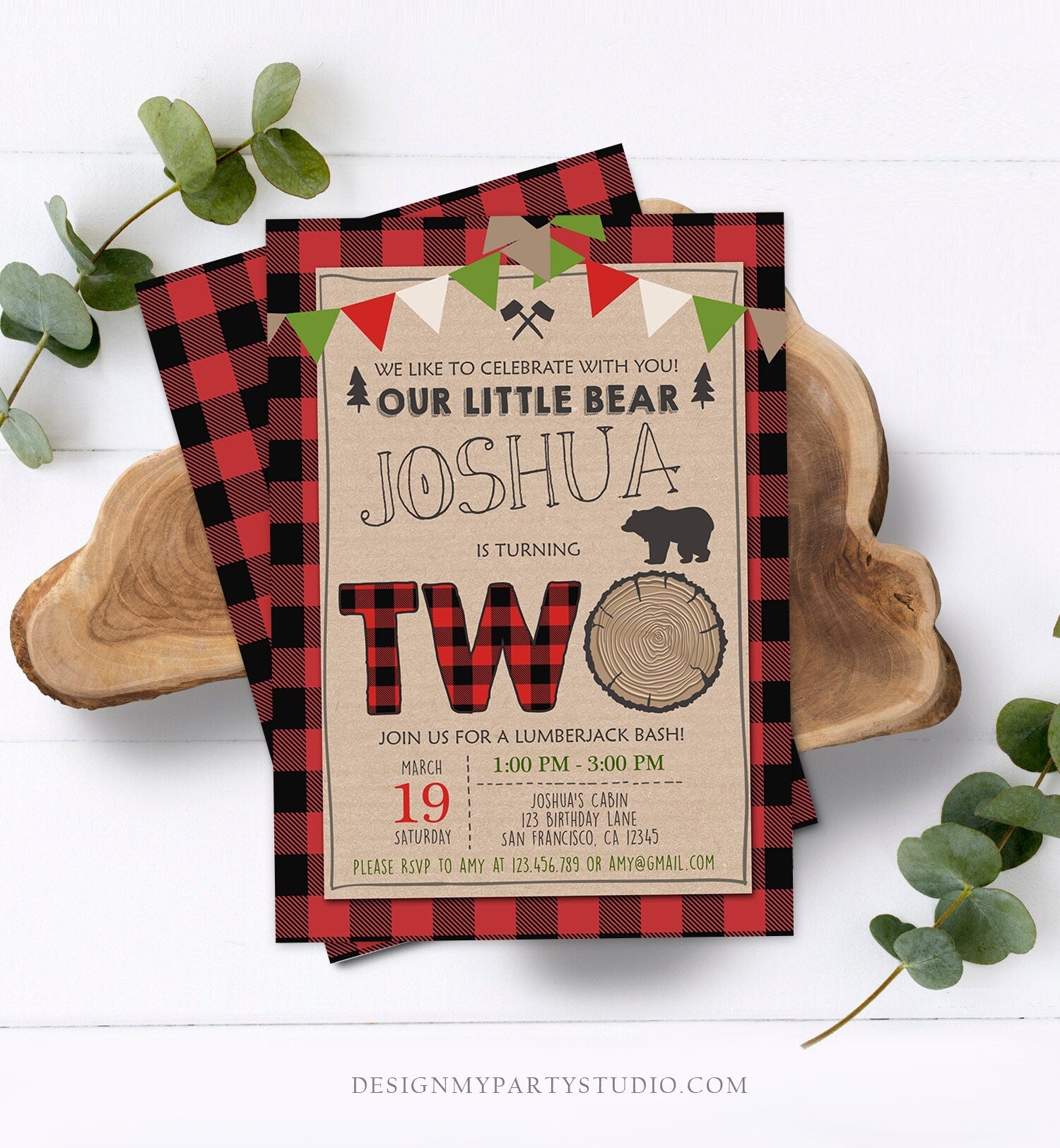 Editable 2nd Birthday Invitation Lumberjack Rustic Woodland Bear Forest Buffalo Plaid Four Birthday Printable Template Digital Corjl 0026