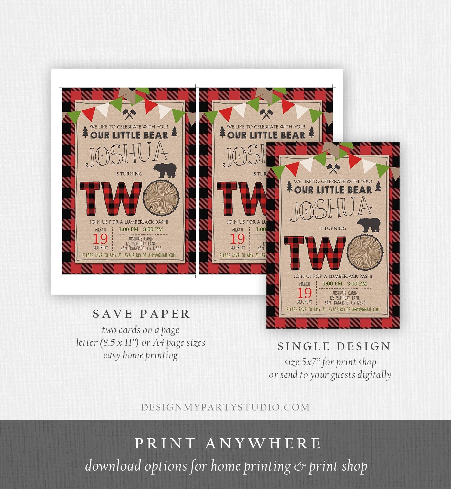 Editable 2nd Birthday Invitation Lumberjack Rustic Woodland Bear Forest Buffalo Plaid Four Birthday Printable Template Digital Corjl 0026