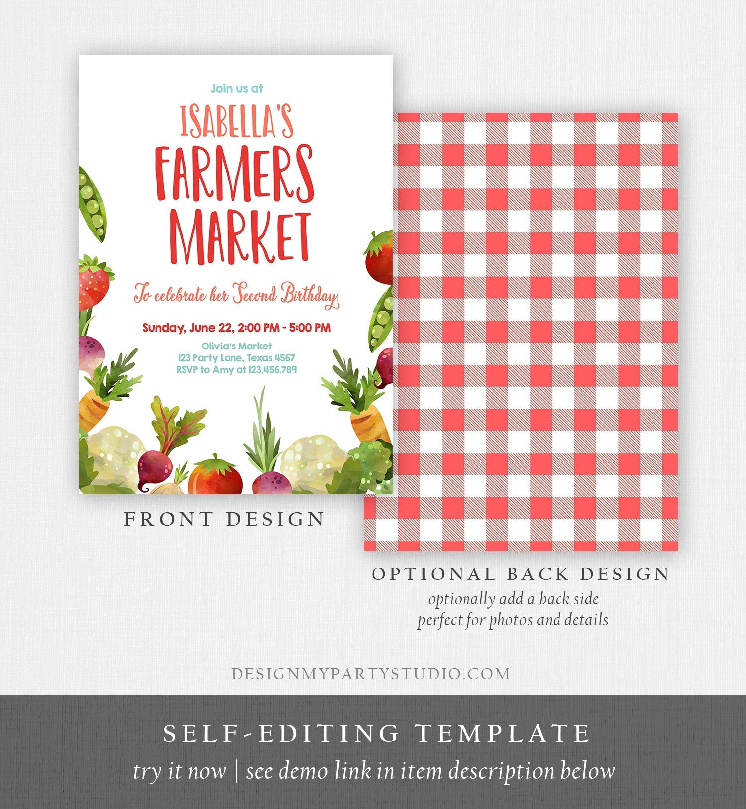 Editable Farmers Market Birthday Invitation Vegetables Locally Grown Veggies Farm Fruits Market Printable Invitation Template Corjl 0144