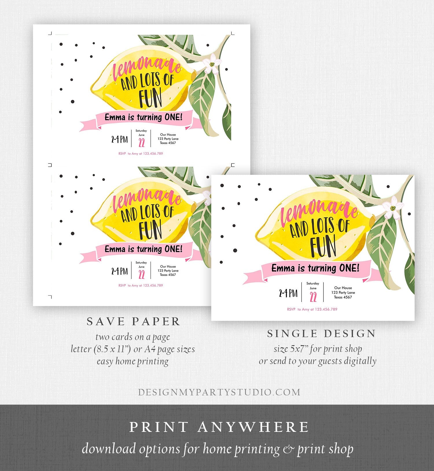 Editable Lemon Birthday Invitation Sunshine Lemonade and Fun Girl First Birthday Party Pink Sweet 1st Citrus Corjl Template Printable 0307