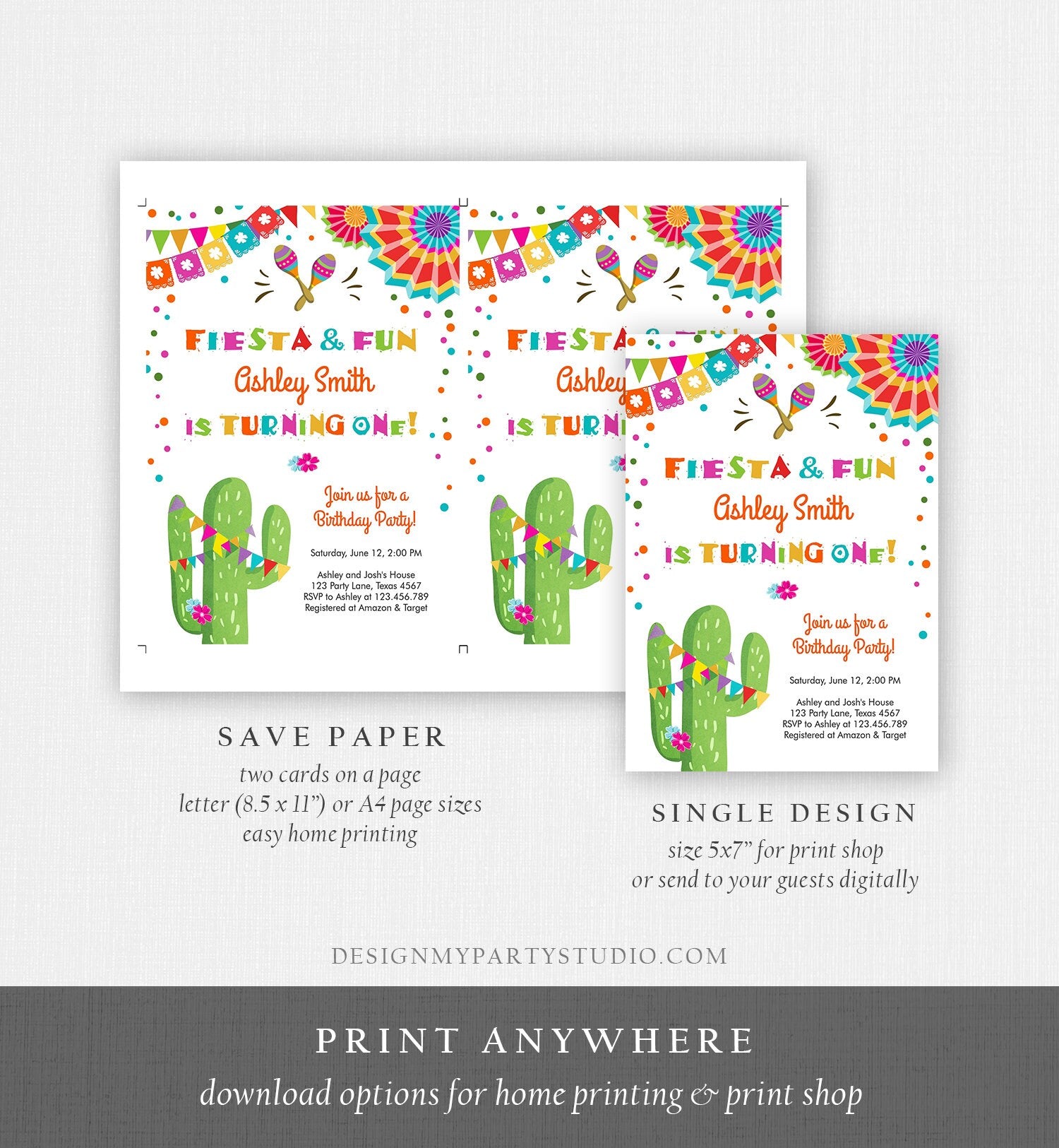 Editable Fiesta and Fun First Birthday Invitation ANY AGE Cactus Mexican 1st Birthday Party Girl Boy Colorful Evite Template Printable 0045