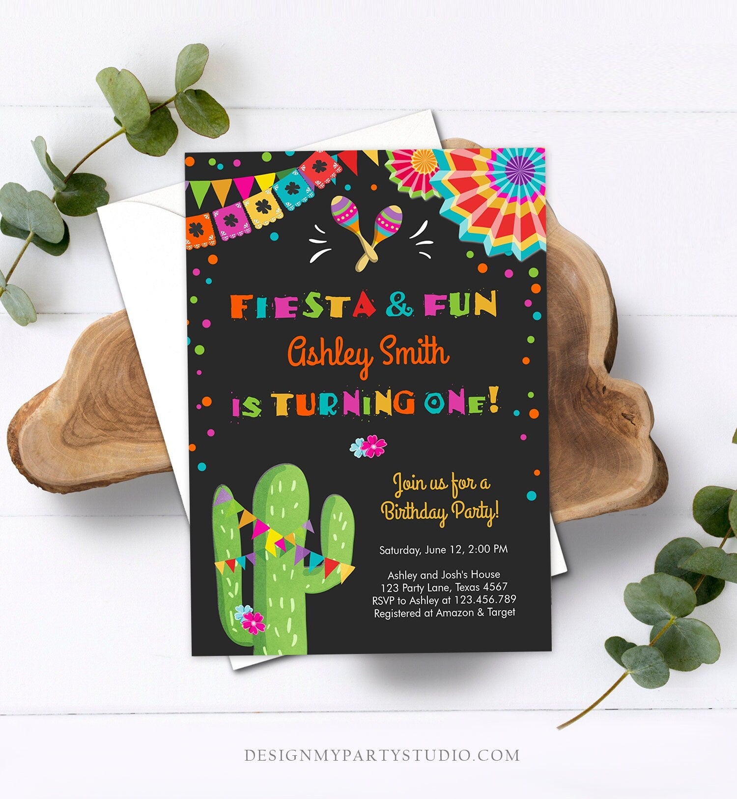 Editable Fiesta and Fun First Birthday Invitation ANY AGE Cactus Mexican 1st Birthday Party Girl Boy Colorful Corjl Template Printable 0045