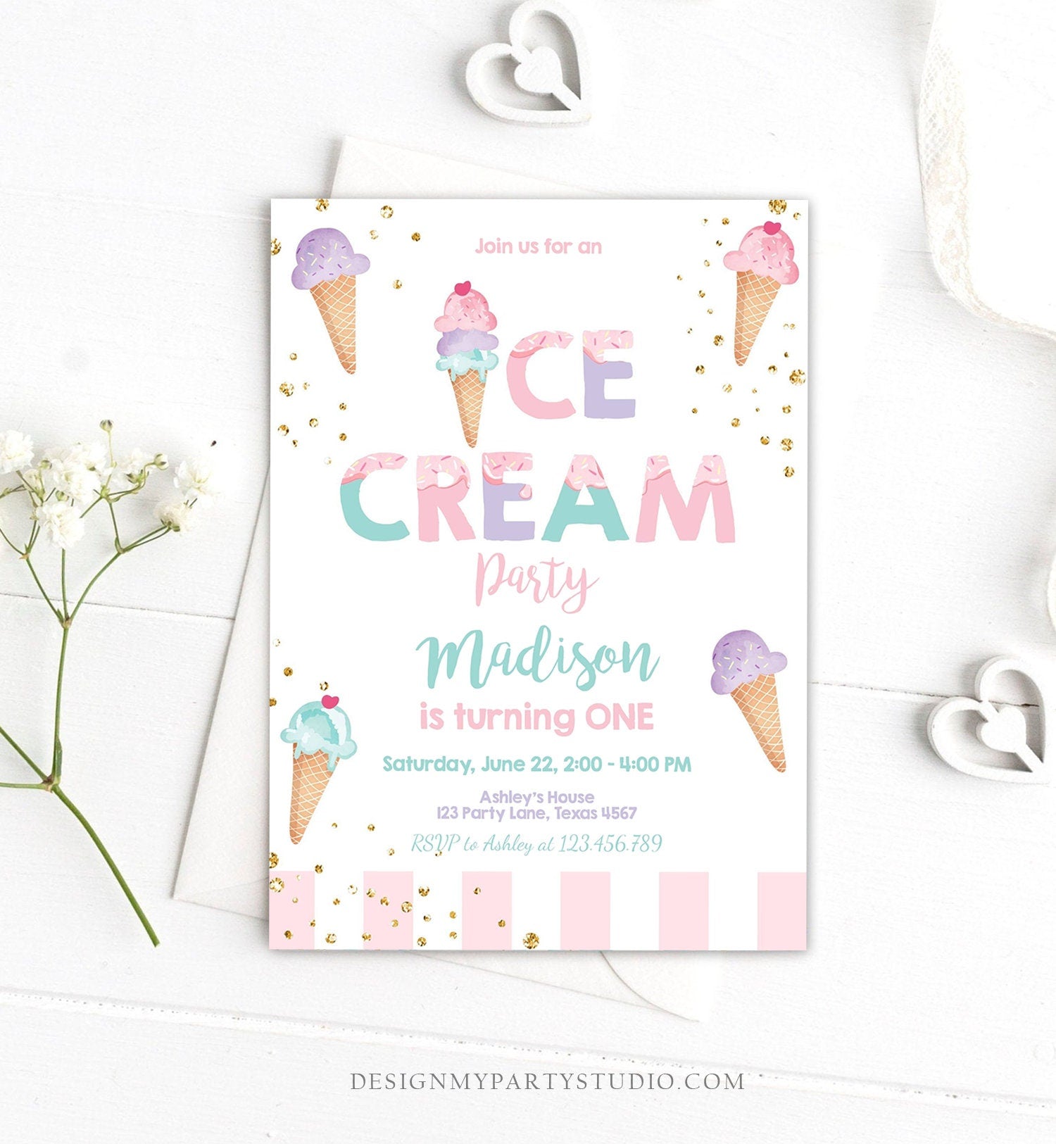 Editable Ice Cream Birthday Invitation First Birthday Party Here's the Scoop Cone Ice Cream Social Download Corjl Template Printable 0243