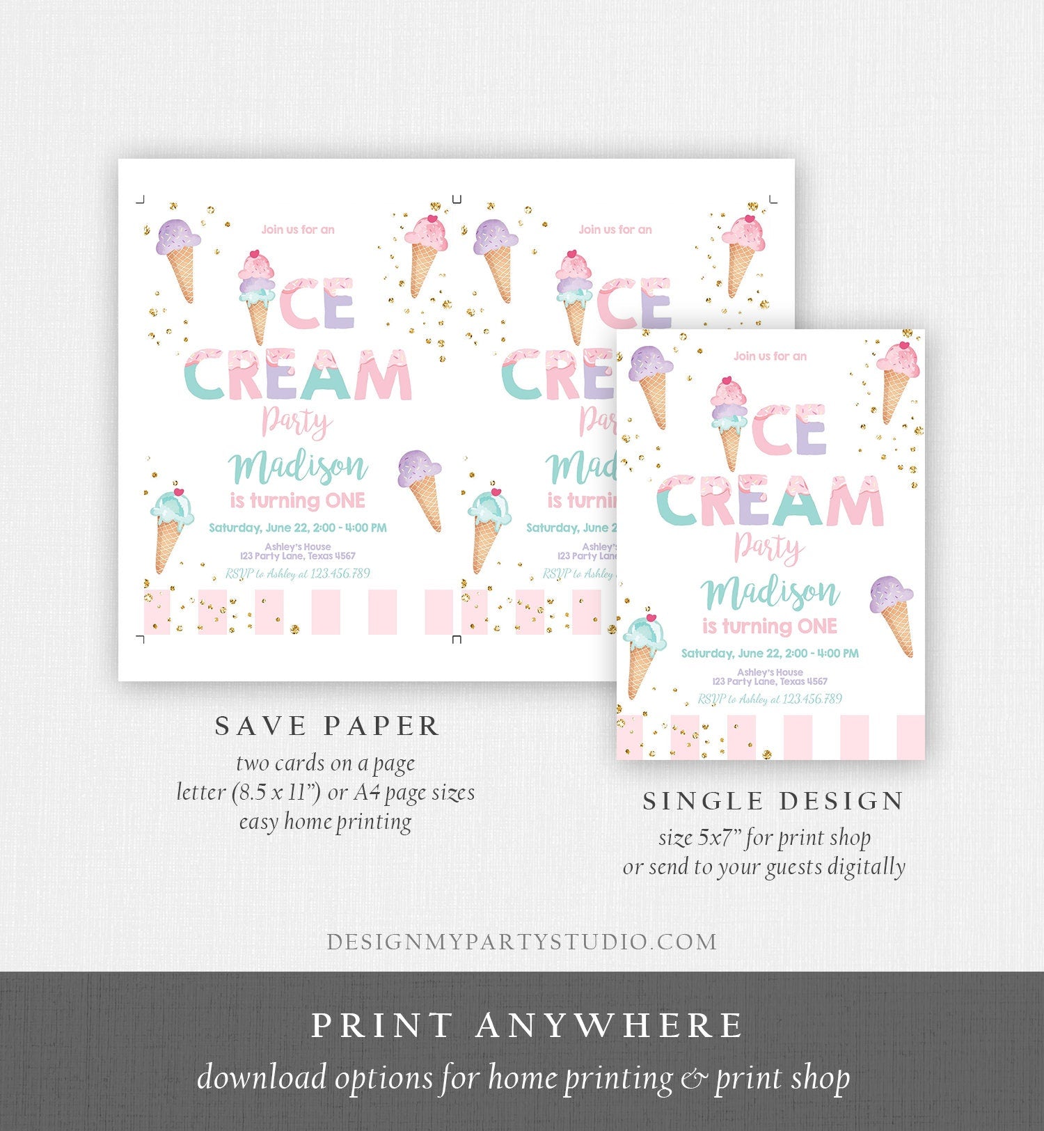 Editable Ice Cream Birthday Invitation First Birthday Party Here's the Scoop Cone Ice Cream Social Download Corjl Template Printable 0243