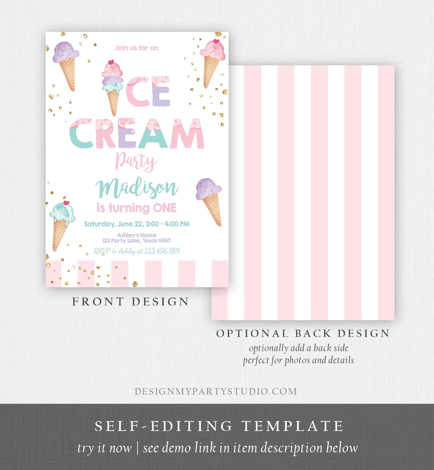 Editable Ice Cream Birthday Invitation First Birthday Party Here's the Scoop Cone Ice Cream Social Download Corjl Template Printable 0243