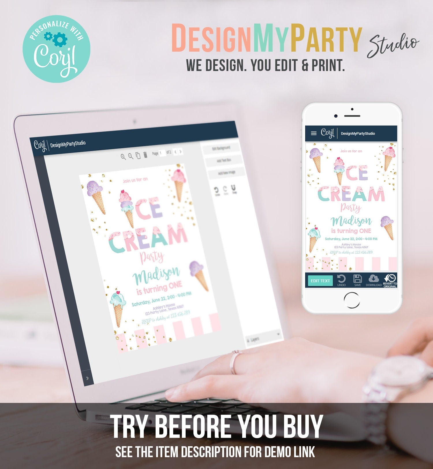 Editable Ice Cream Birthday Invitation First Birthday Party Here's the Scoop Cone Ice Cream Social Download Corjl Template Printable 0243