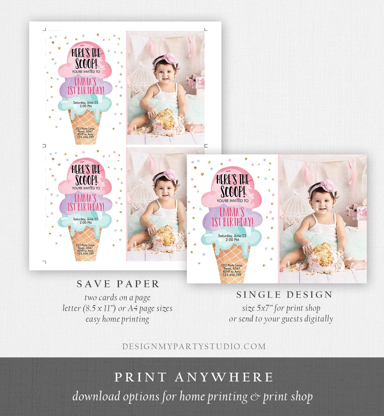 Editable Ice Cream Birthday Invitation First Birthday Party Here's the Scoop Cone Pink Mint Gold Purple Corjl Template Printable 0243