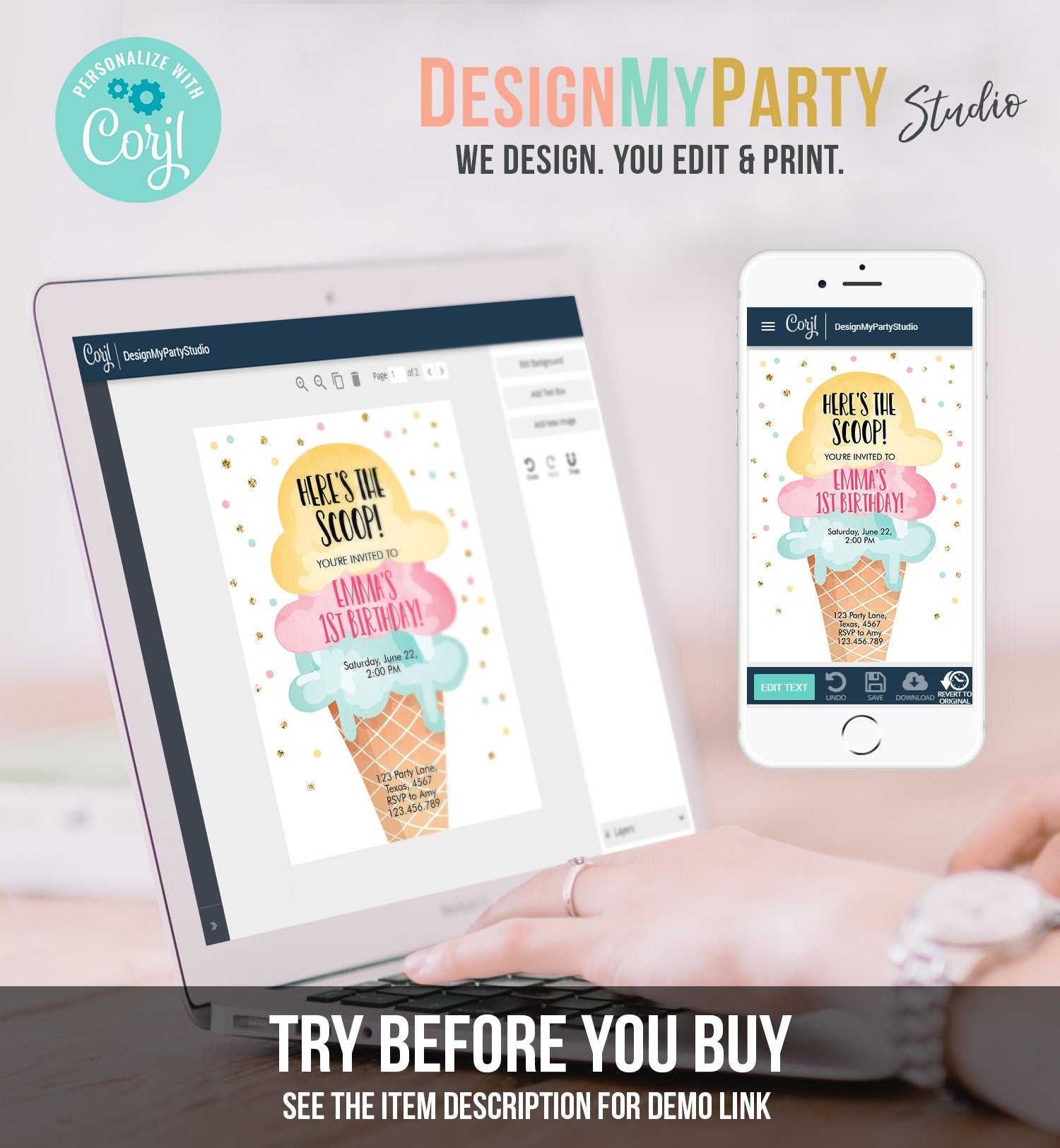 Editable Ice Cream Birthday Invitation First Birthday Party Here's the Scoop Cone Pink Mint Gold Download Corjl Template Printable 0243