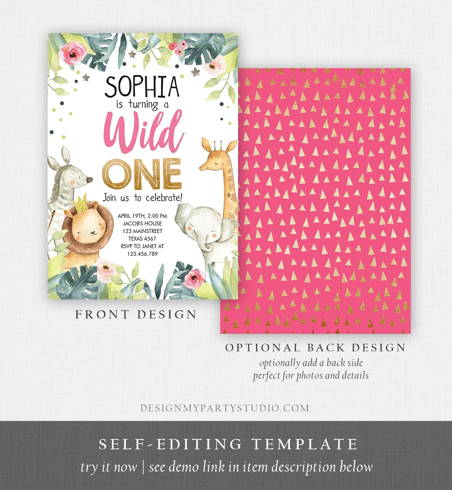 Editable Wild One Birthday Invitation Girl Party Animals Safari Animals Pink Gold Watercolor Digital Download Corjl Template Printable 0163