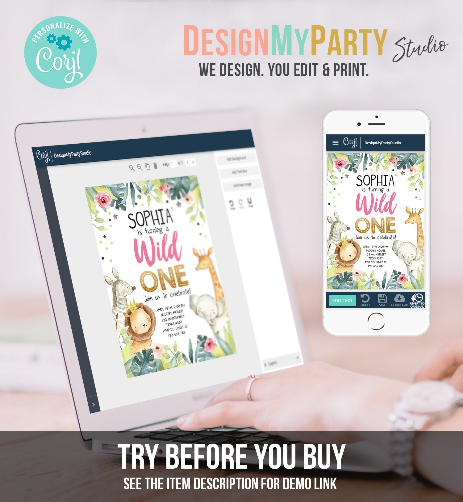 Editable Wild One Birthday Invitation Girl Party Animals Safari Animals Pink Gold Watercolor Digital Download Corjl Template Printable 0163