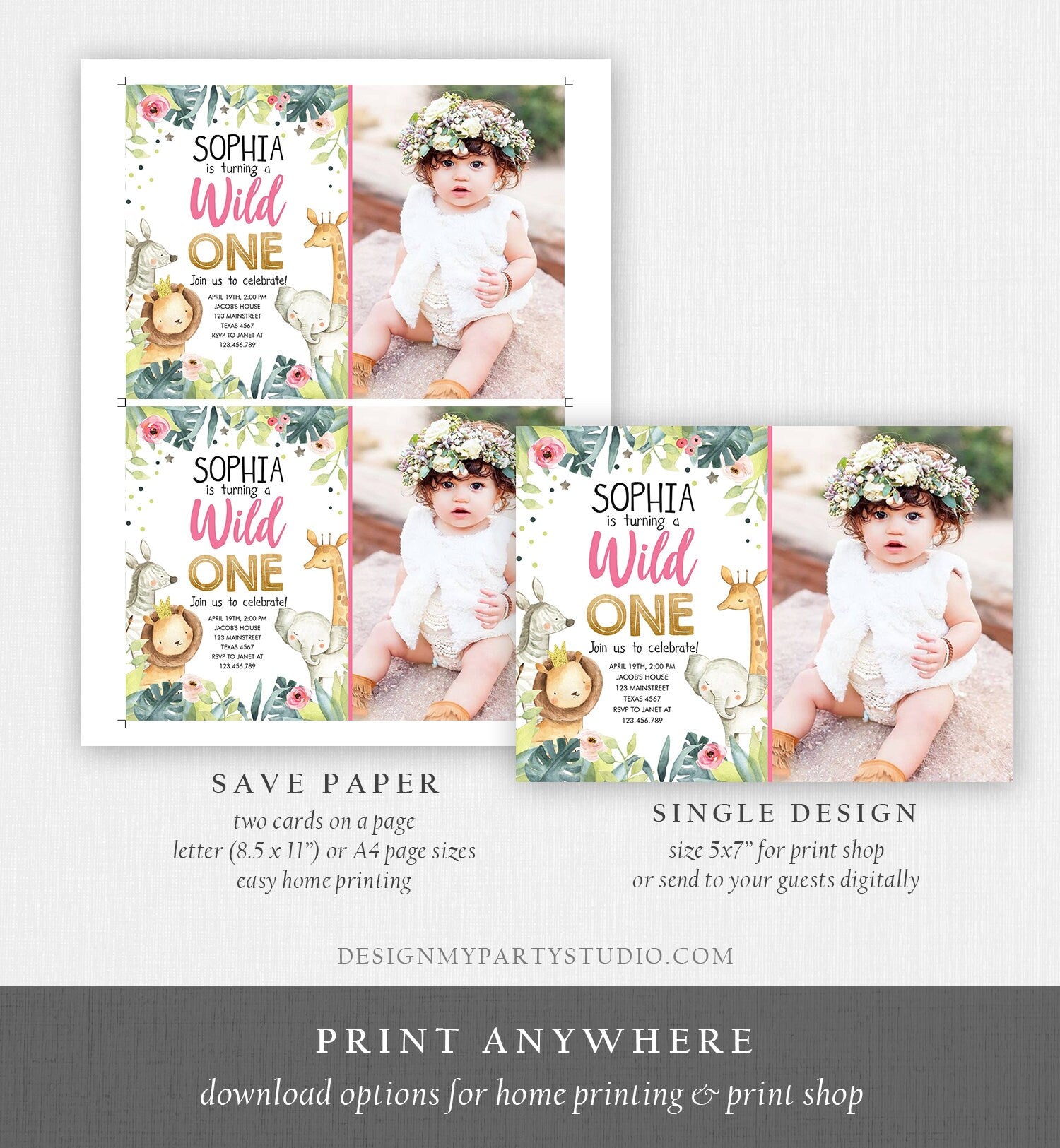 Editable Wild One Birthday Invitation First 1st Girl Party Jungle Safari Animals Pink Gold Download Printable Template Editable Corjl 0163