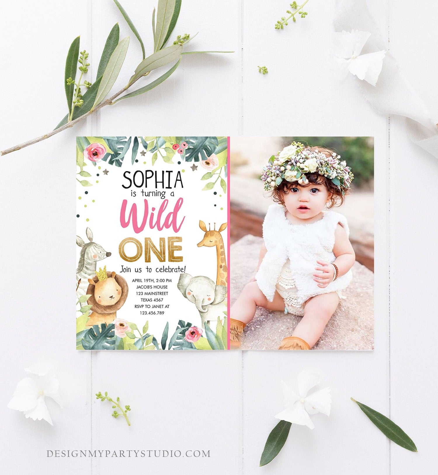 Editable Wild One Birthday Invitation First 1st Girl Party Jungle Safari Animals Pink Gold Download Printable Template Editable Corjl 0163