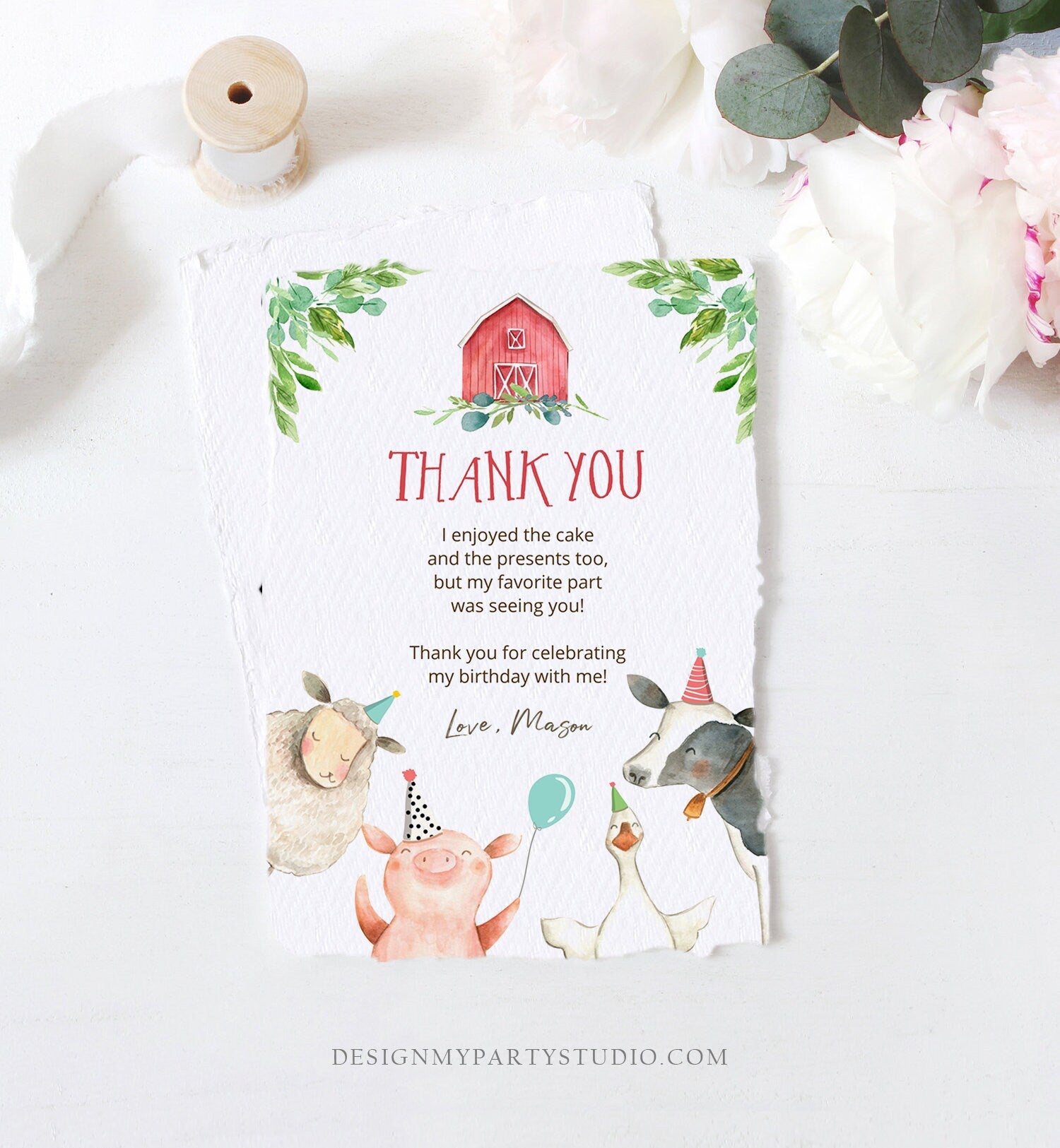 Editable Farm Animals Thank You Card Boy Birthday Red Gingham Party Animals Barnyard Thank You Note Digital Download Template Printable 0155