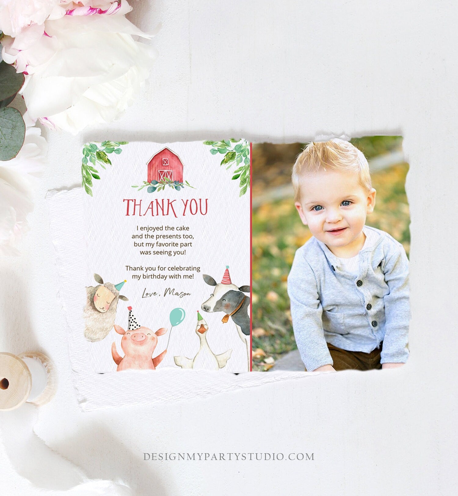 Editable Farm Animals Thank You Card Red Gingham Farm Birthday Boy Barnyard Thank You Card Birthday Template Instant Download Corjl 0155