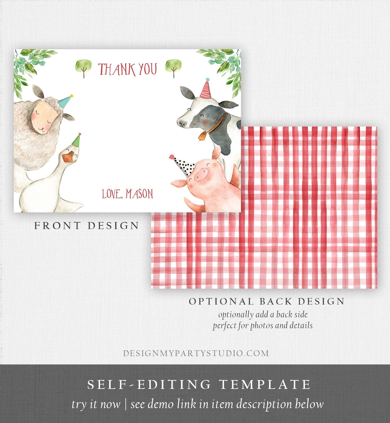 Editable Farm Animals Thank You Card Red Gingham Farm Birthday Boy Barnyard Thank You Card Birthday Digital Download Template Printable 0155