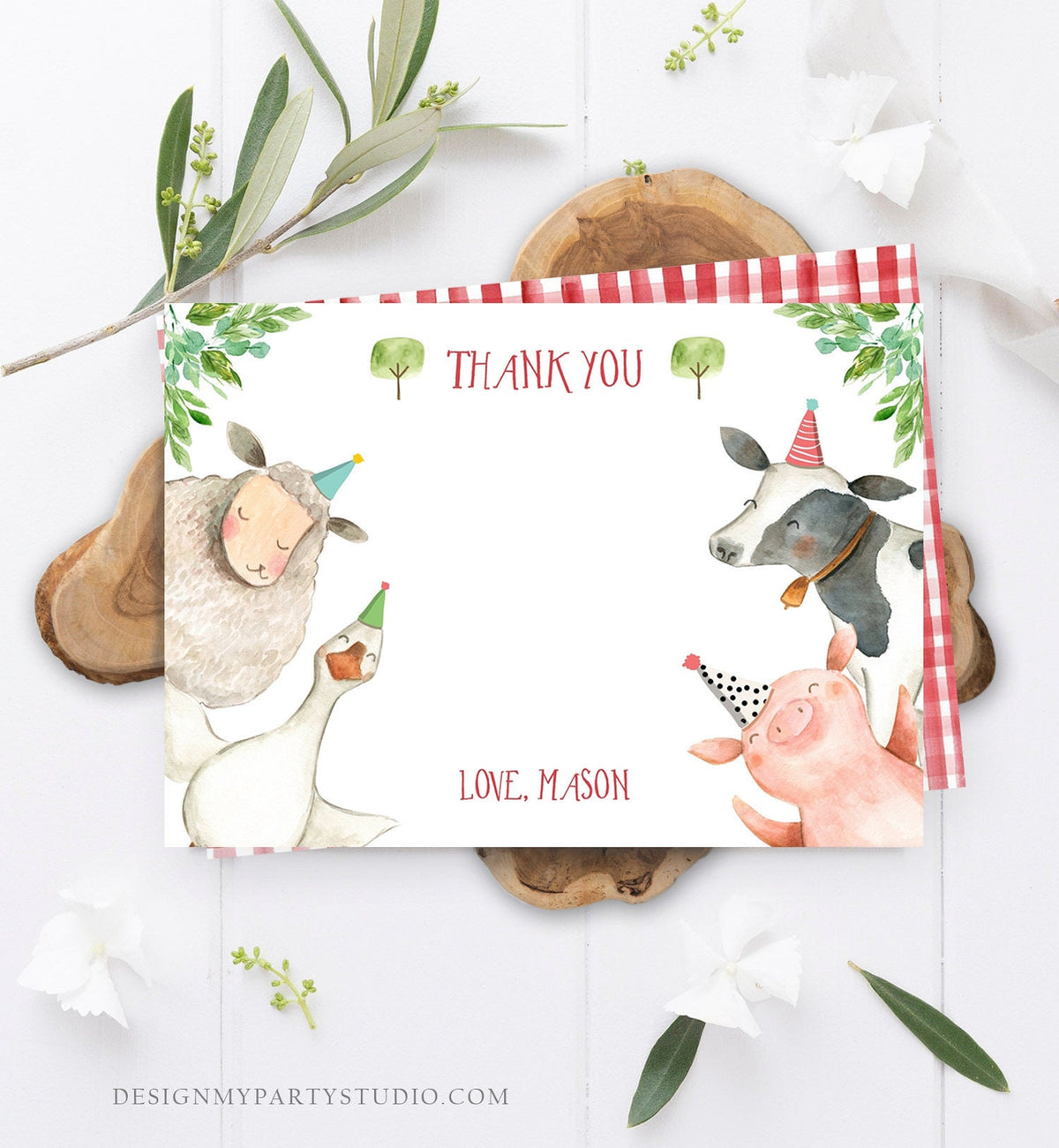 Editable Farm Animals Thank You Card Red Gingham Farm Birthday Boy Barnyard Thank You Card Birthday Digital Download Template Printable 0155