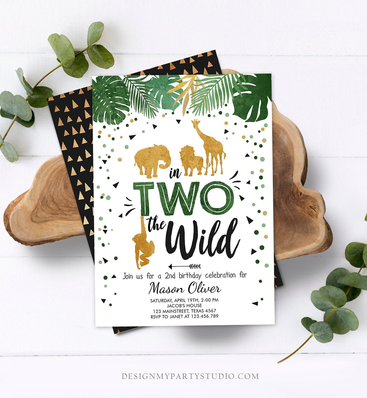 Editable In Two The Wild Birthday Invitation Boy Second Birthday Safari Animals Jungle Green Gold 2nd Download Corjl Template Printable 0016