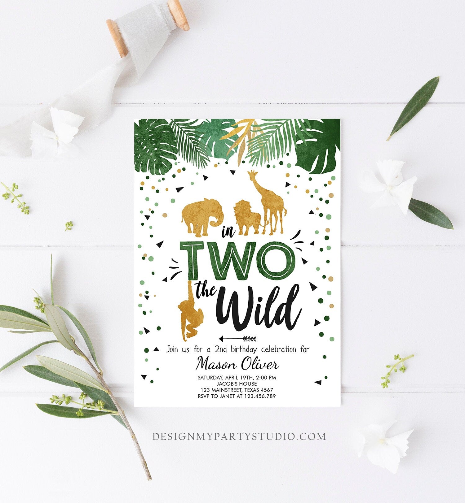 Editable In Two The Wild Birthday Invitation Boy Second Birthday Safari Animals Jungle Green Gold 2nd Download Corjl Template Printable 0016