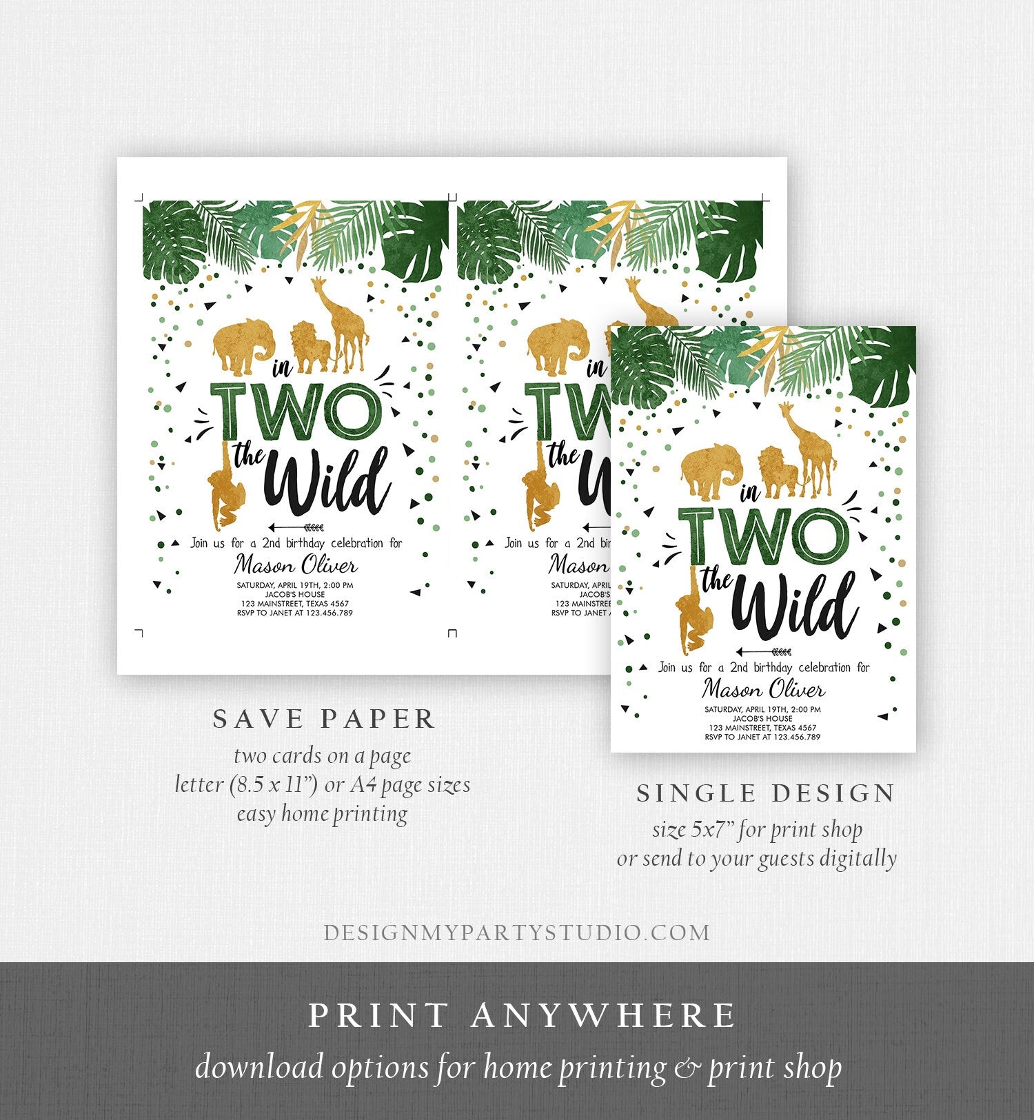 Editable In Two The Wild Birthday Invitation Boy Second Birthday Safari Animals Jungle Green Gold 2nd Download Corjl Template Printable 0016