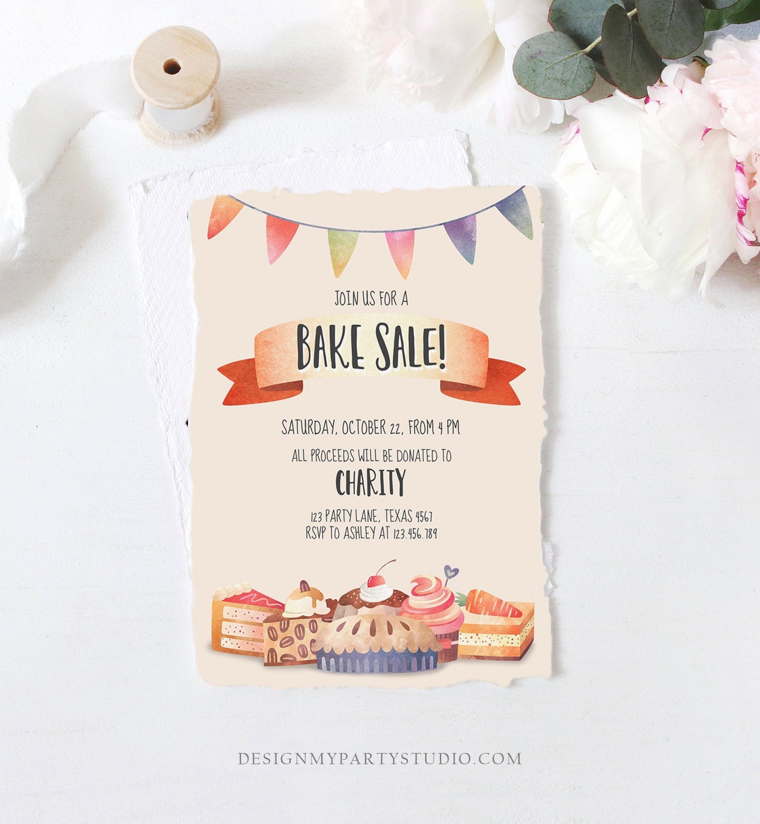 Editable Bake Sale Party Festival Invitation Fundraiser School Church Flyer Kitchen Cake Cookie Download Corjl Template Printable 0258