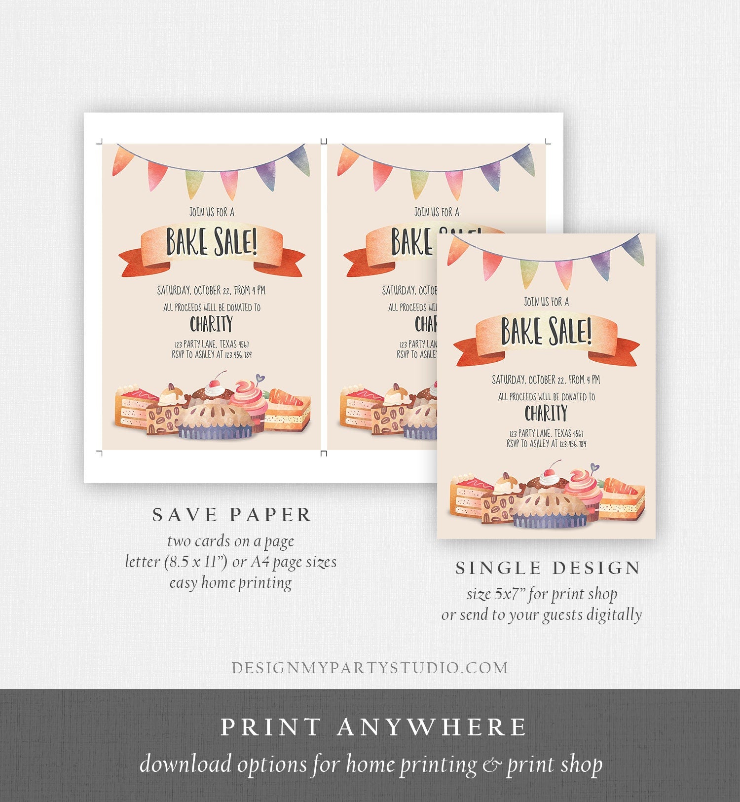 Editable Bake Sale Party Festival Invitation Fundraiser School Church Flyer Kitchen Cake Cookie Download Corjl Template Printable 0258