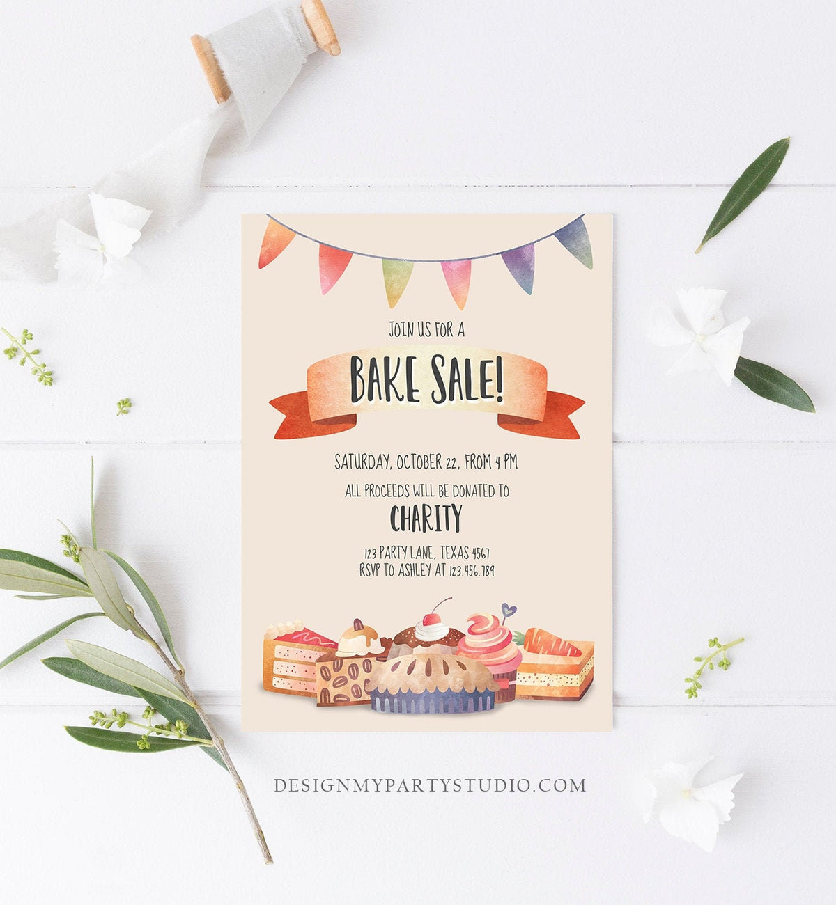 Editable Bake Sale Party Festival Invitation Fundraiser School Church Flyer Kitchen Cake Cookie Download Corjl Template Printable 0258